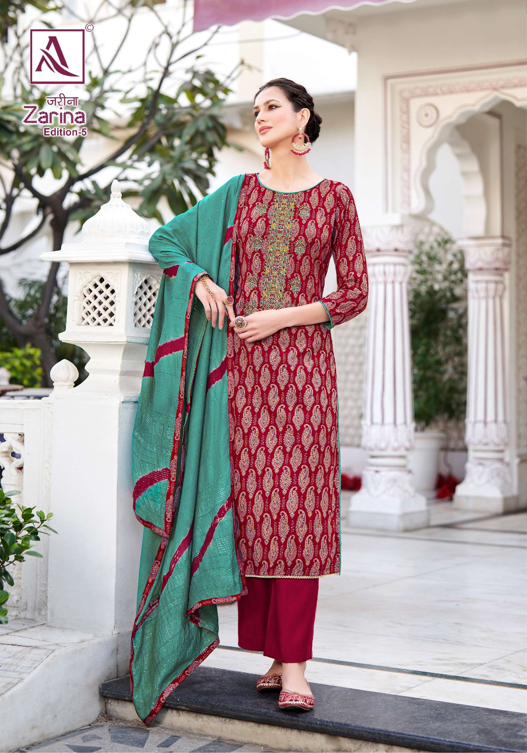 zarina edition vol-5 by alok suit latest designer unstich material catalogue online market surat gujarat 