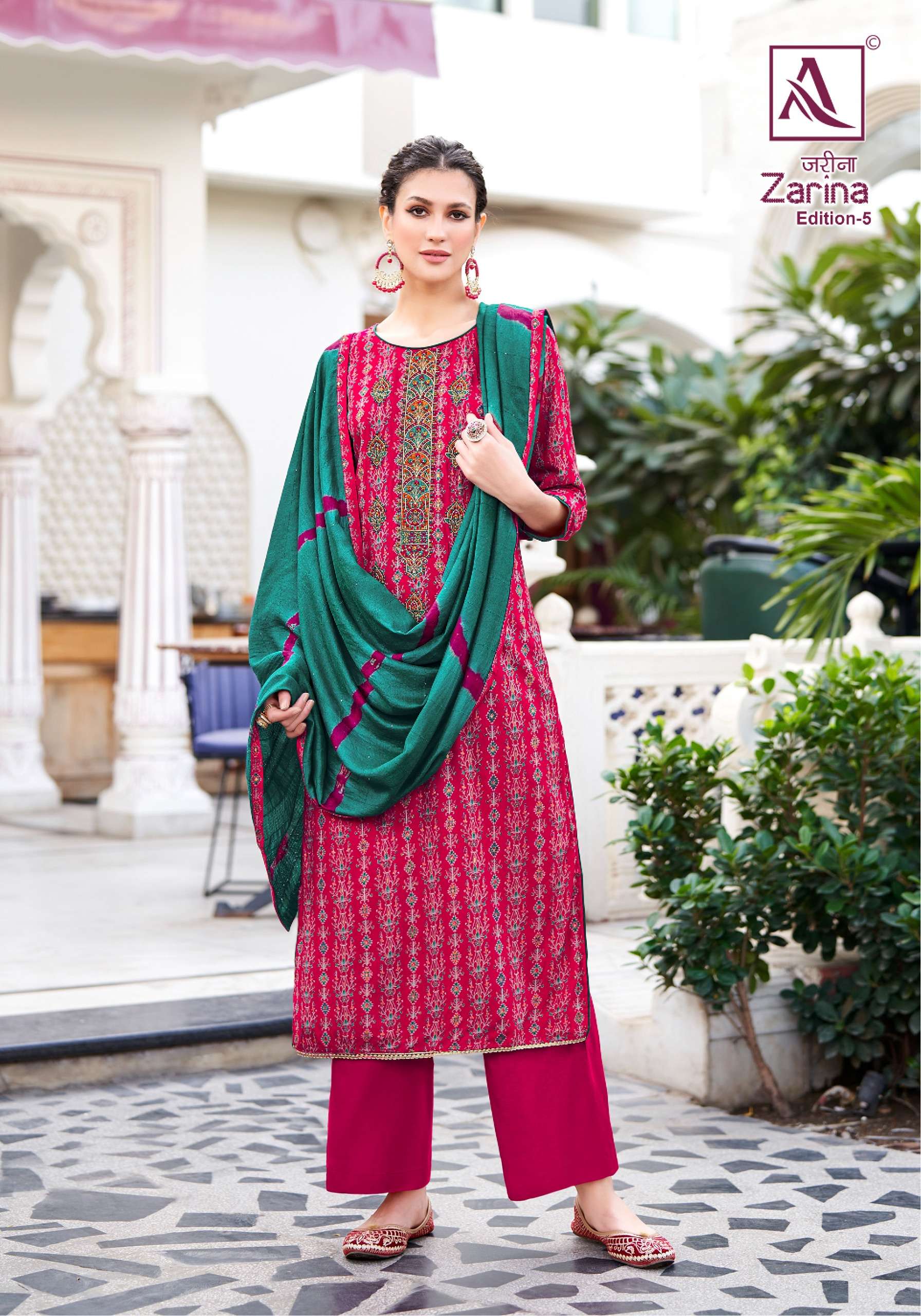 zarina edition vol-5 by alok suit latest designer unstich material catalogue online market surat gujarat 