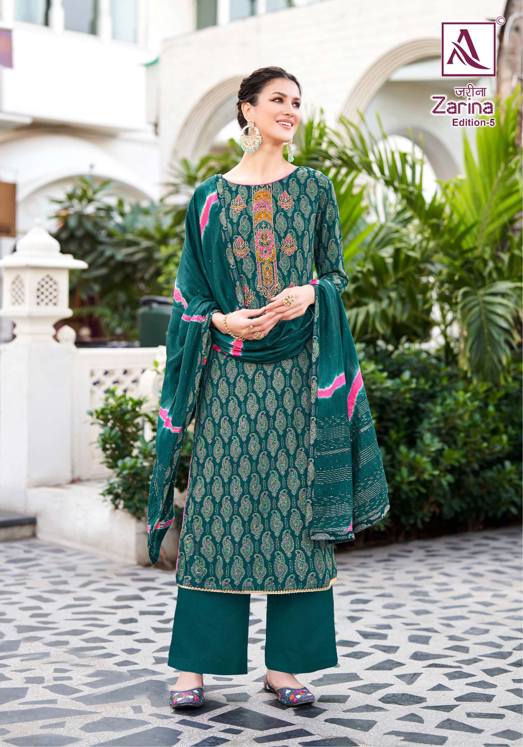 zarina edition vol-5 by alok suit latest designer unstich material catalogue online market surat gujarat 