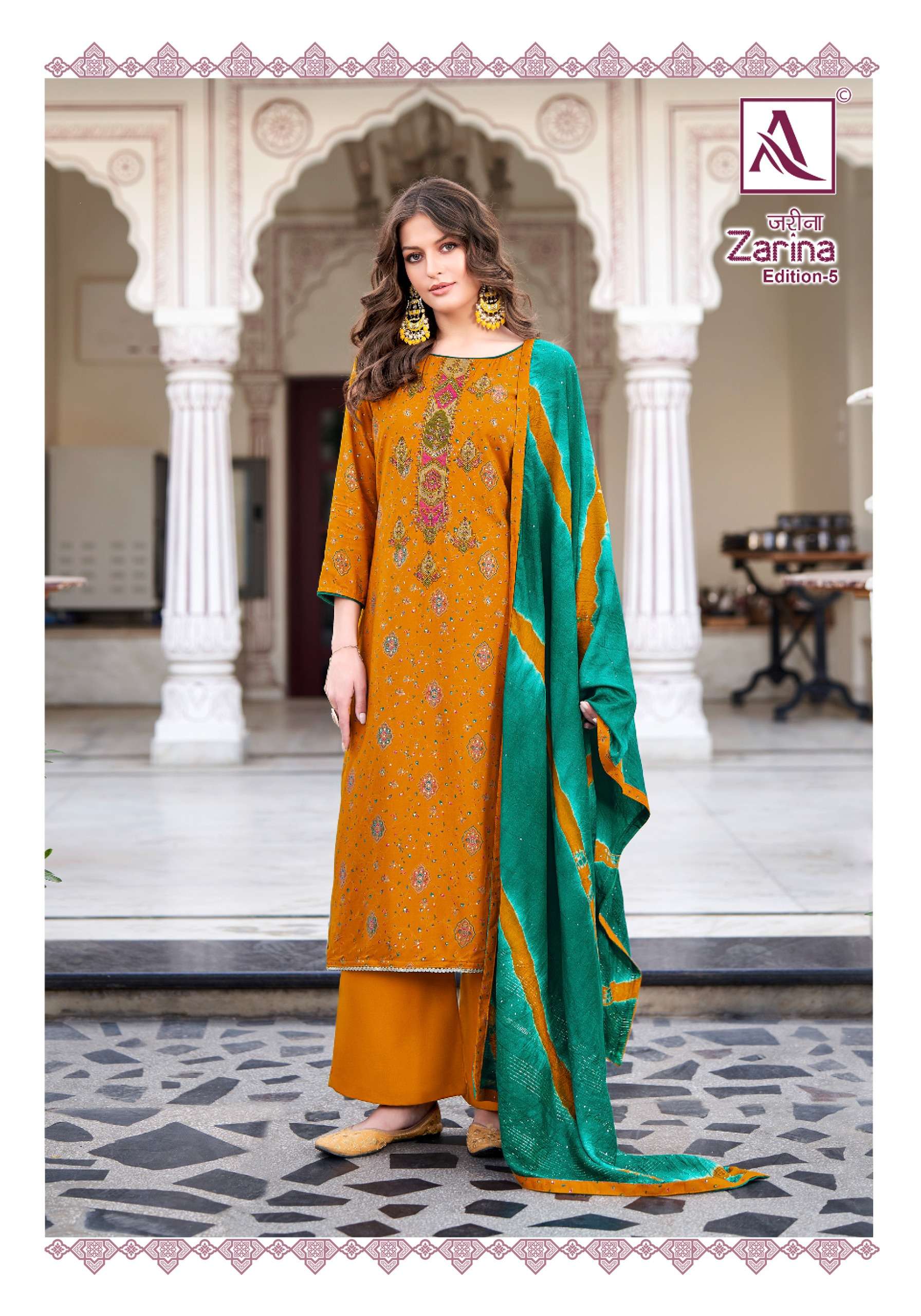 zarina edition vol-5 by alok suit latest designer unstich material catalogue online market surat gujarat 
