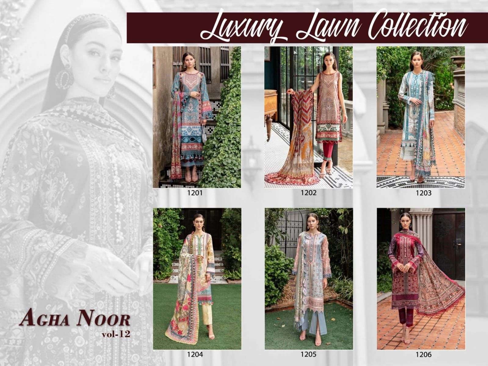 agha noor vol-12 by agha noor 1201-1206 series unstich designer pakistani suits catalogue dealer surat gujarat