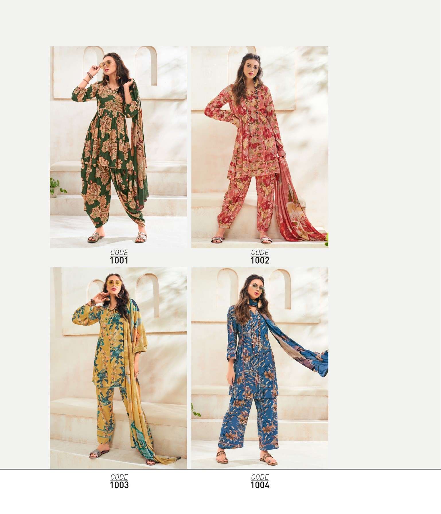 blooming by lctm 1001-1004 series silk designer dress material catalogue wholesaler surat gujarat 