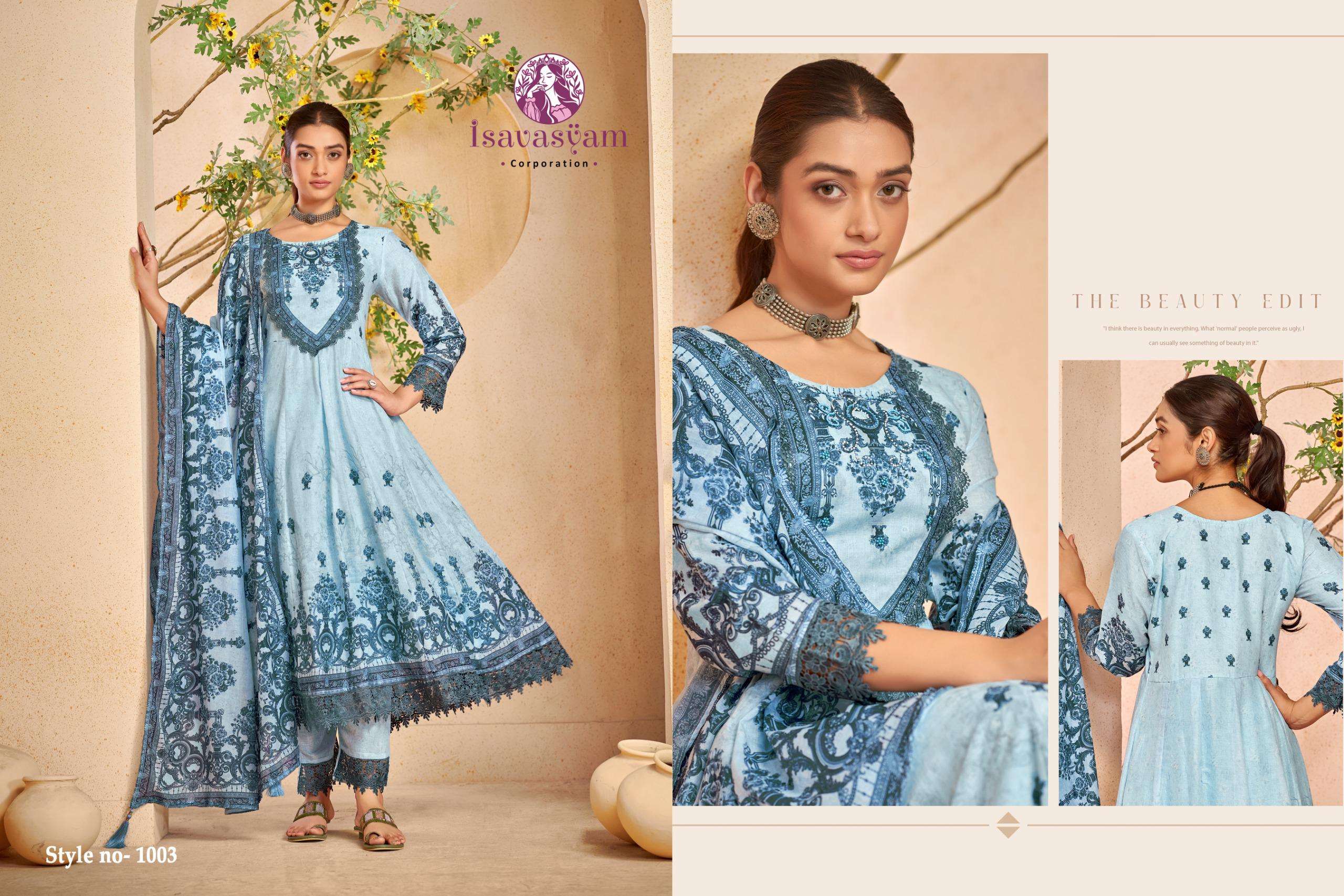 isavasyam corporation by nafiza 1001-1006 series designer party wear cotton anarkali salwar kameez wholesale dealer surat 