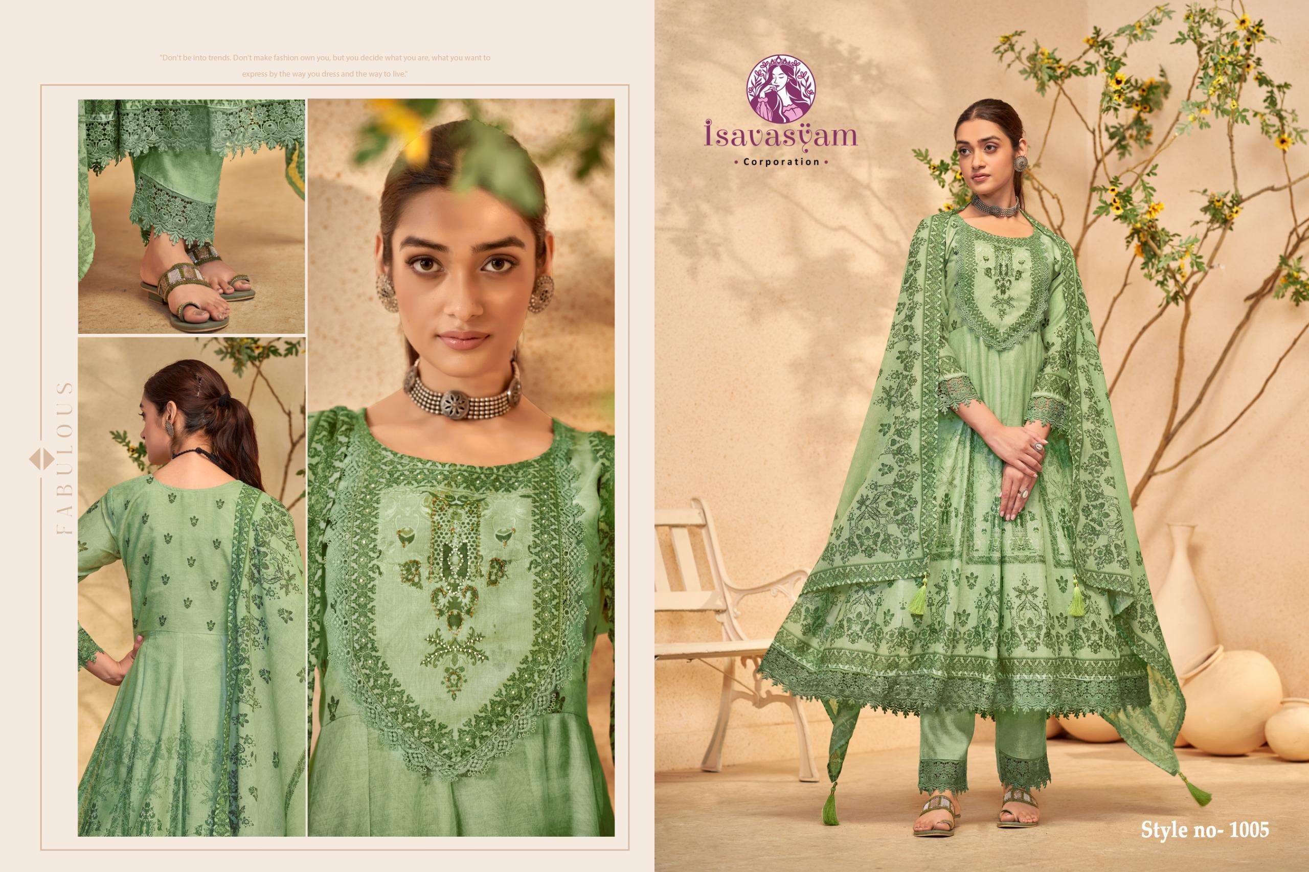 isavasyam corporation by nafiza 1001-1006 series designer party wear cotton anarkali salwar kameez wholesale dealer surat 