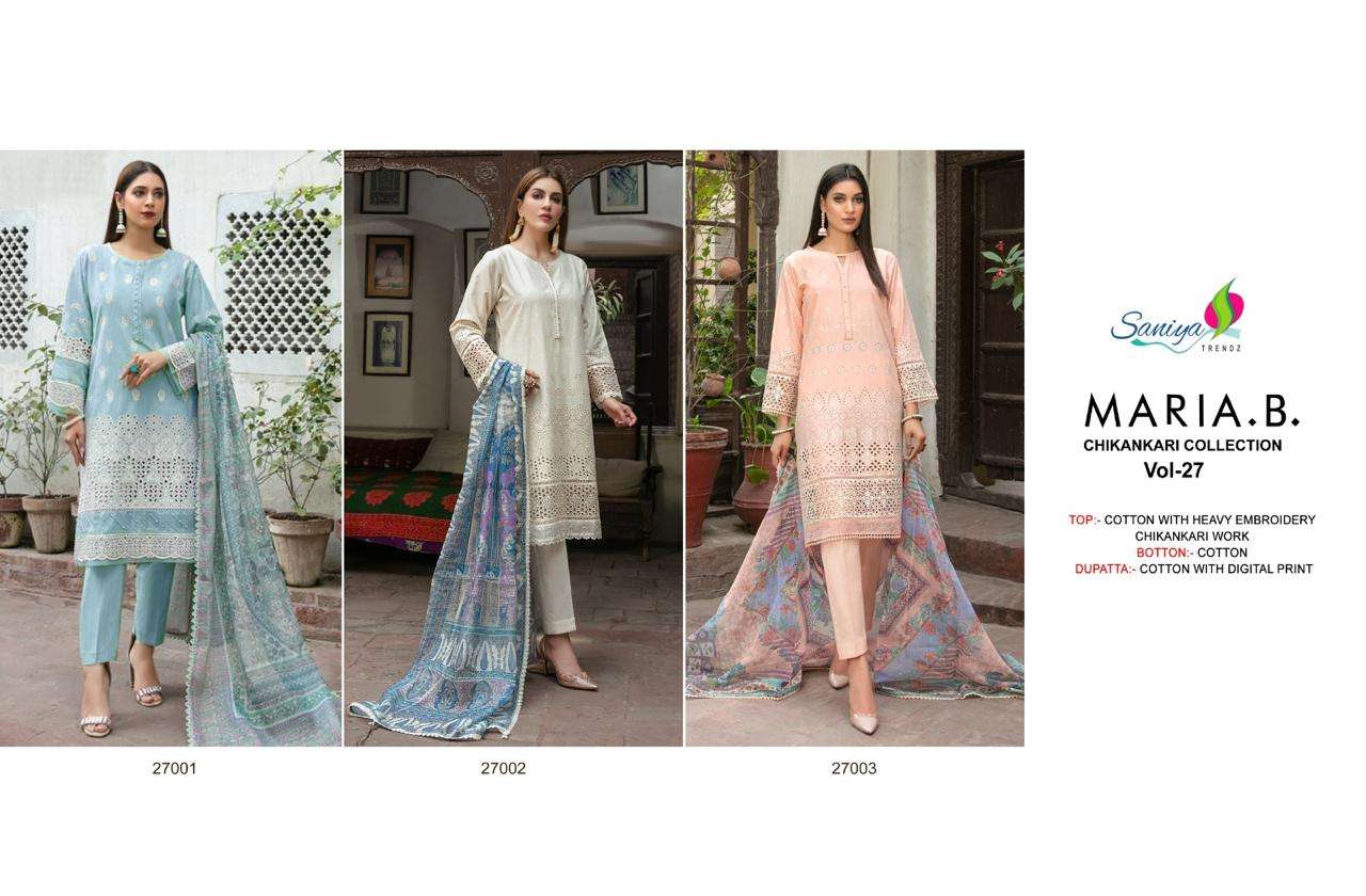 maria b chikankari vol-24 by saniya trendz 27001-27003 series cotton designer pakistani suits catalogue surat gujarat 