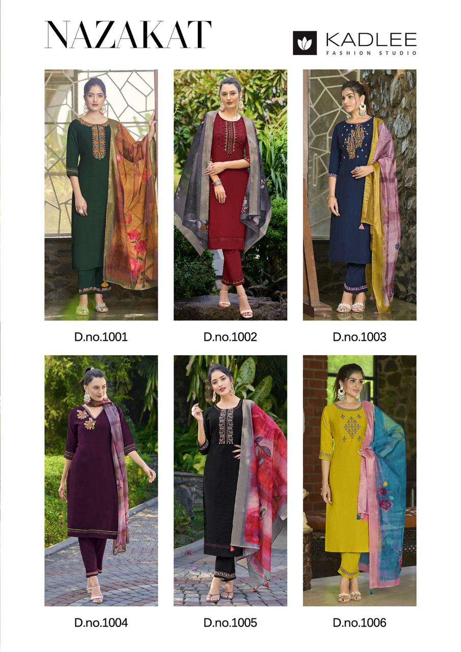 nazakat by kadlee 1001-1006 series trendy look designer kurtis latest catalogue collection surat gujarat 