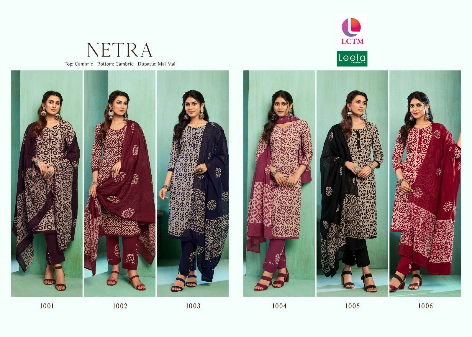 netra by lctm 1001-1006 series cambric designer top bottom with mal mal cotton dupatta material catalogue surat gujarat
