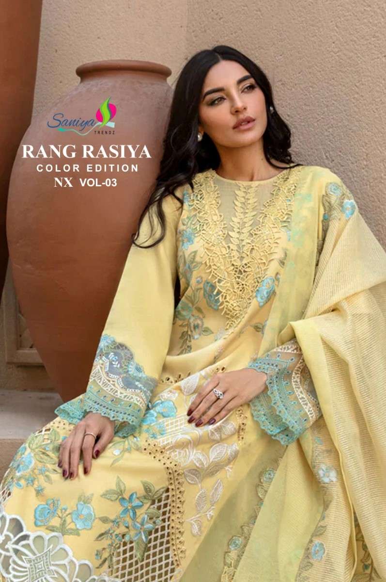 rang rasiya vol-3 nx by saniya trendz cotton with chikankari embroidered pakistani suits catalogue surat gujarat 