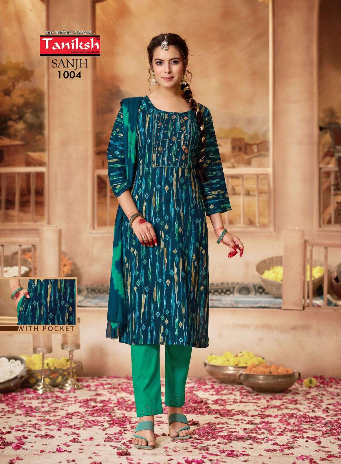 tanishk sanjh 1001-1010 series pure rayon hand work ready made salwar kameez catalogue 