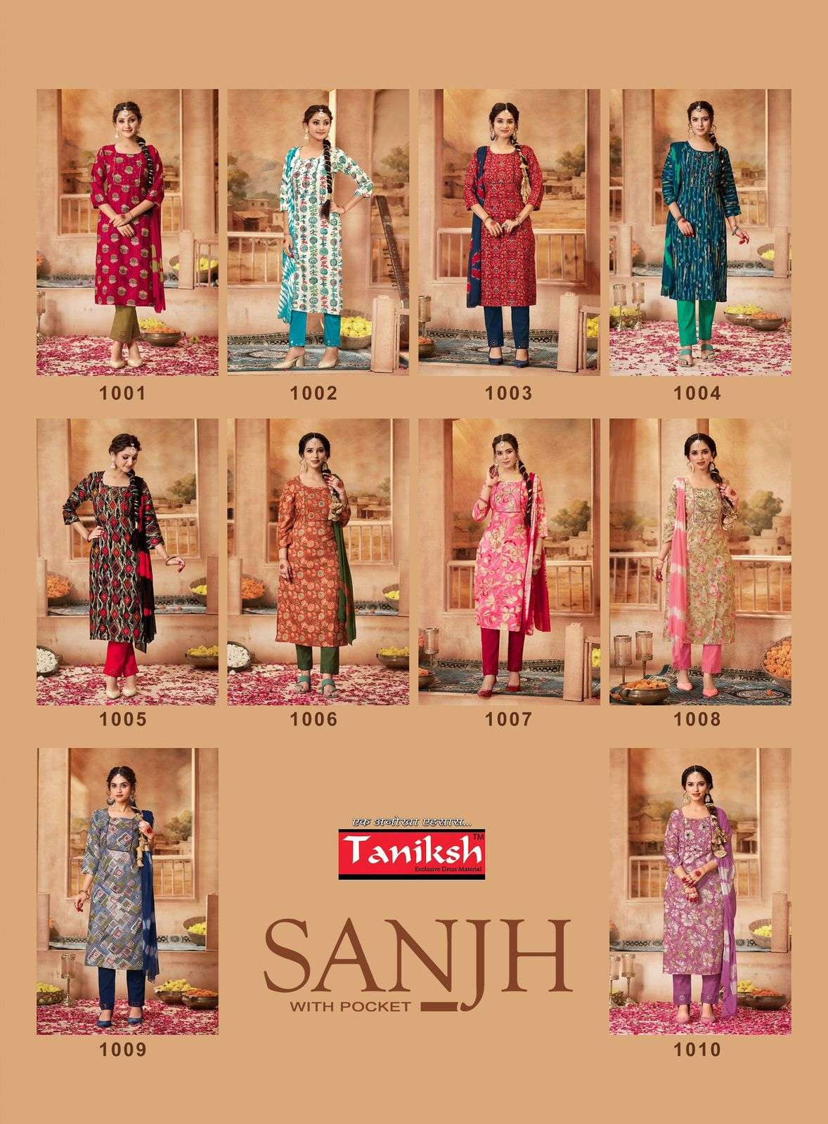tanishk sanjh 1001-1010 series pure rayon hand work ready made salwar kameez catalogue 