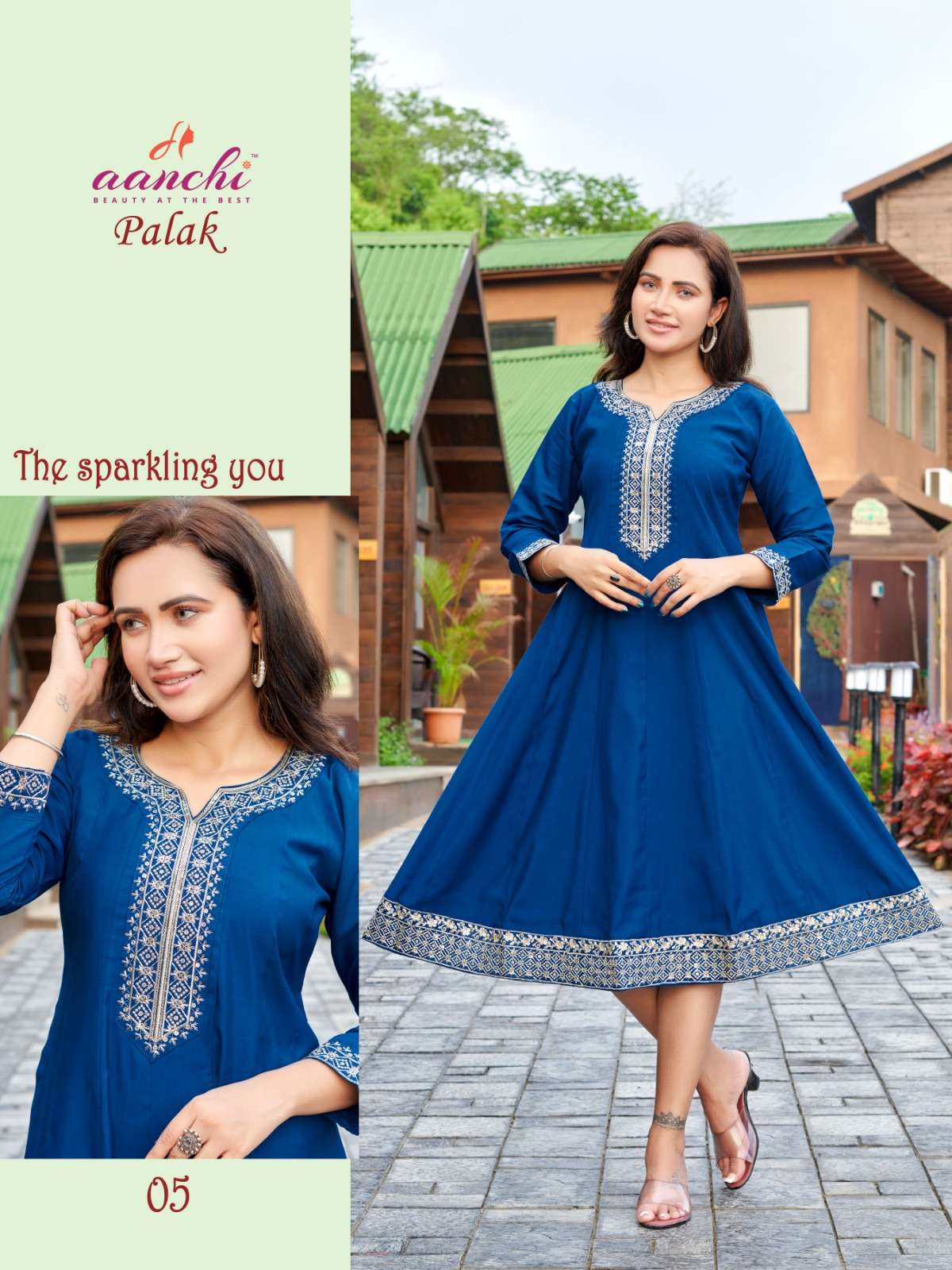 aanchi palak exclusive party wear roman silk fancy cut embroidred long kurti catalogue wholesale price 