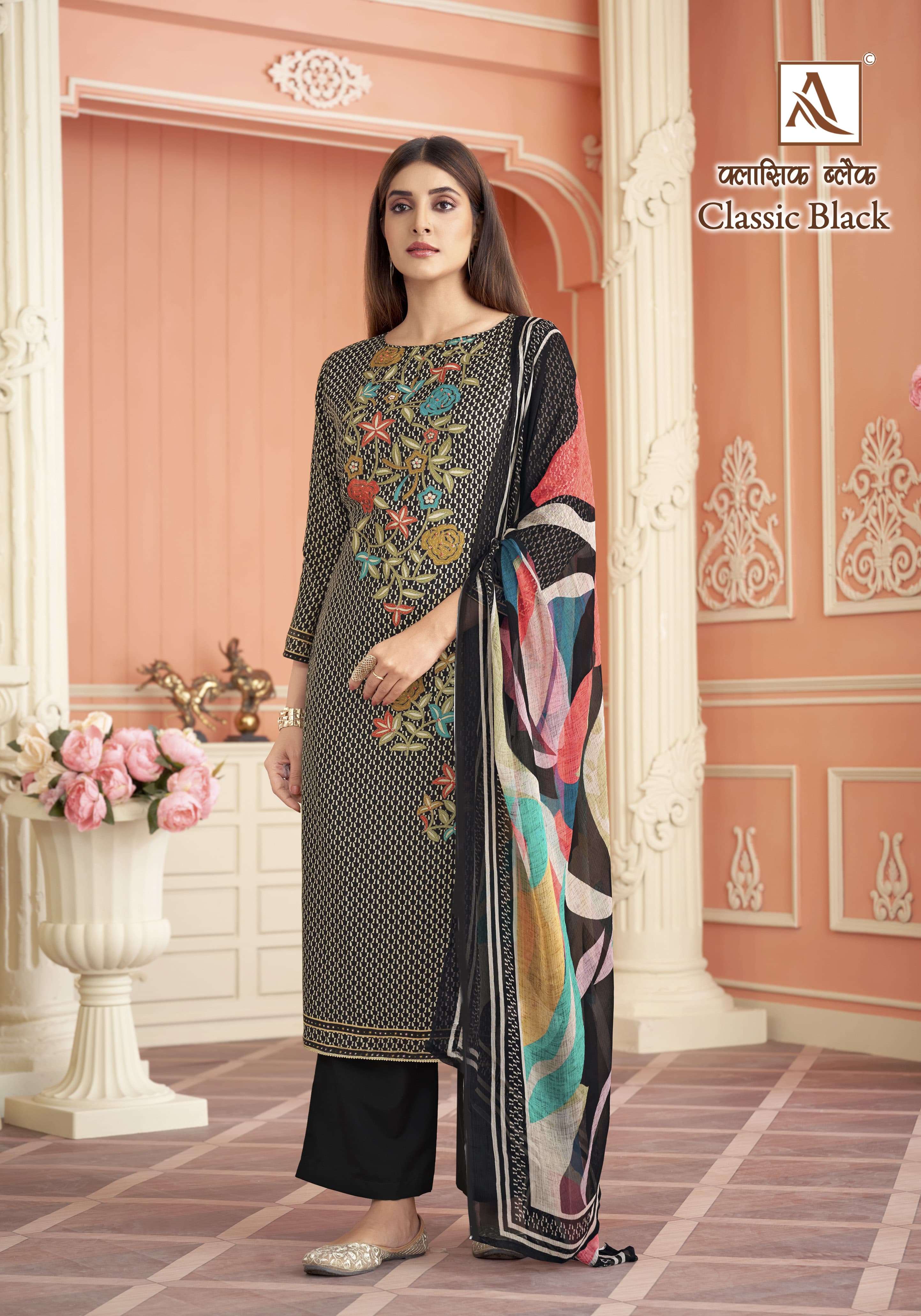 classic black by alok suit fancy designer pant style salwar suits catalogue wholesale price surat gujarat