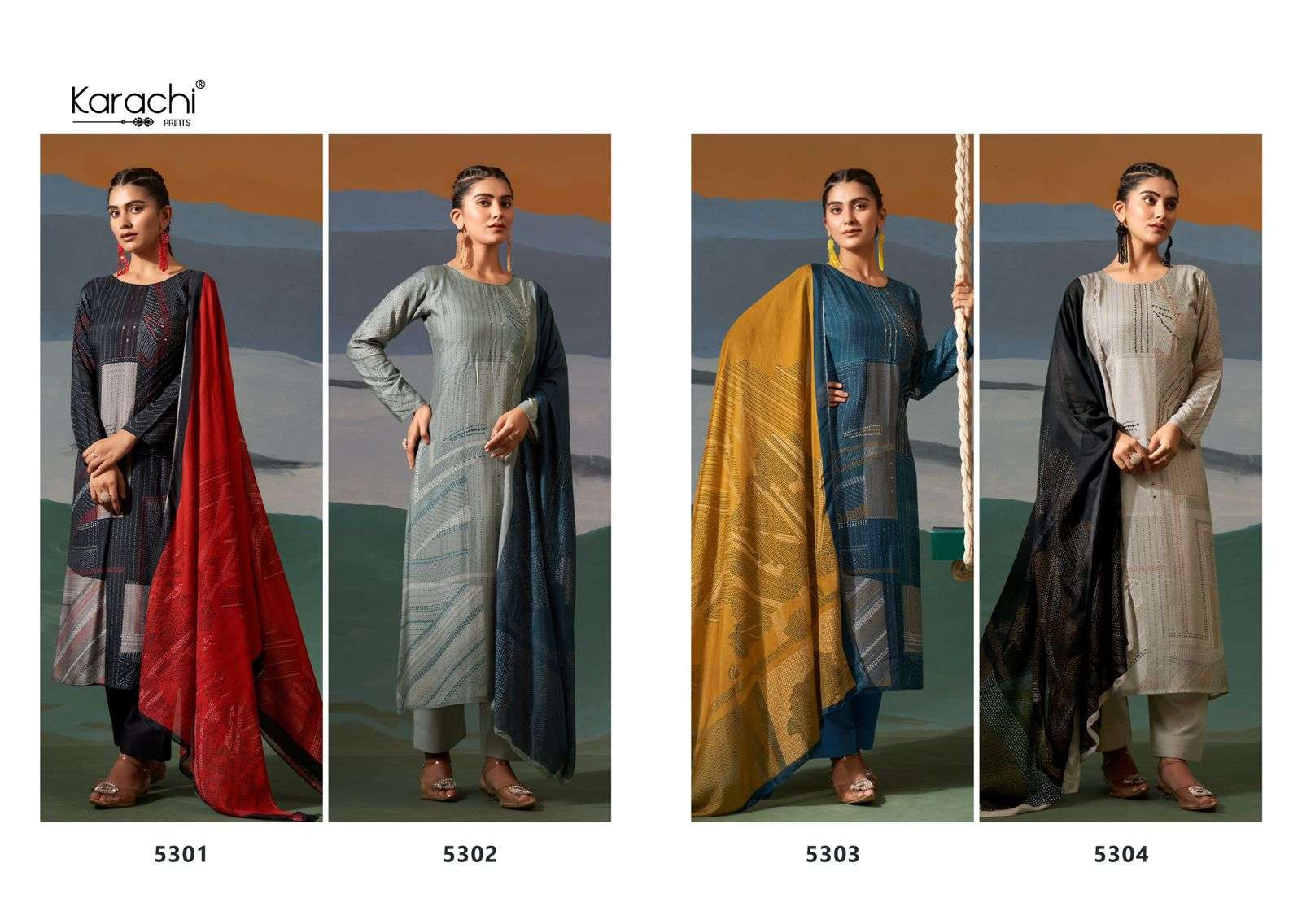 jhula by karachi prints 5301-5304 series unstitched salwar kameez catalogue online supplier surat gujarat 