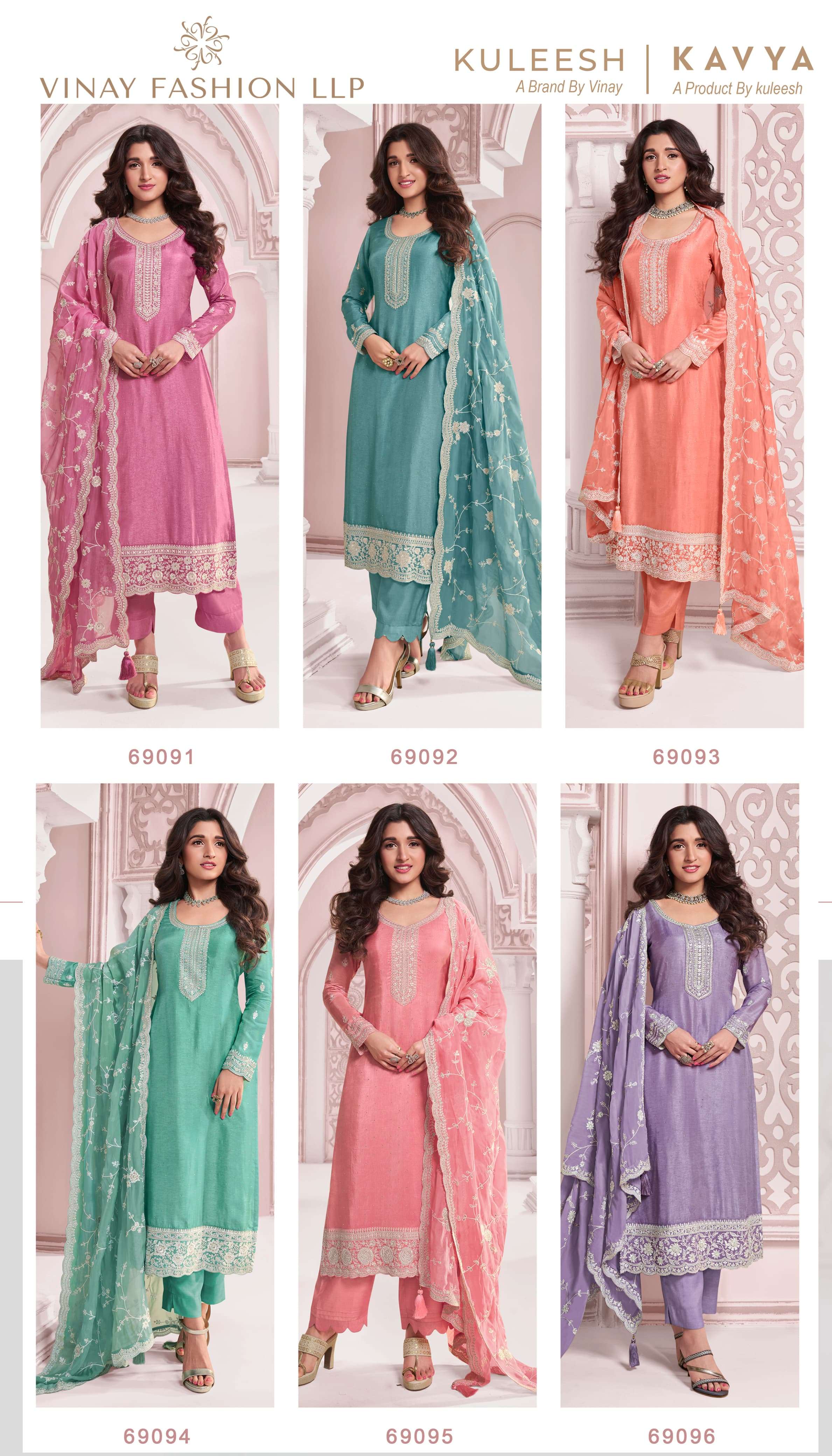 kavya by vinay fashion 69091-69096 series heavy designer indian party wear suits catalogue manufacturer surat gujarat 
