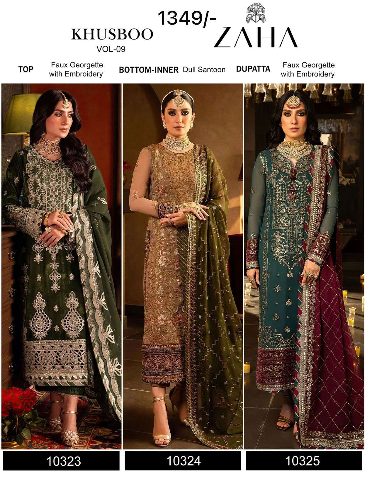 khusboo vol-9 by zaha 10323-10325 series stylish designer party wear suits catalogue wholesale collection surat gujarat