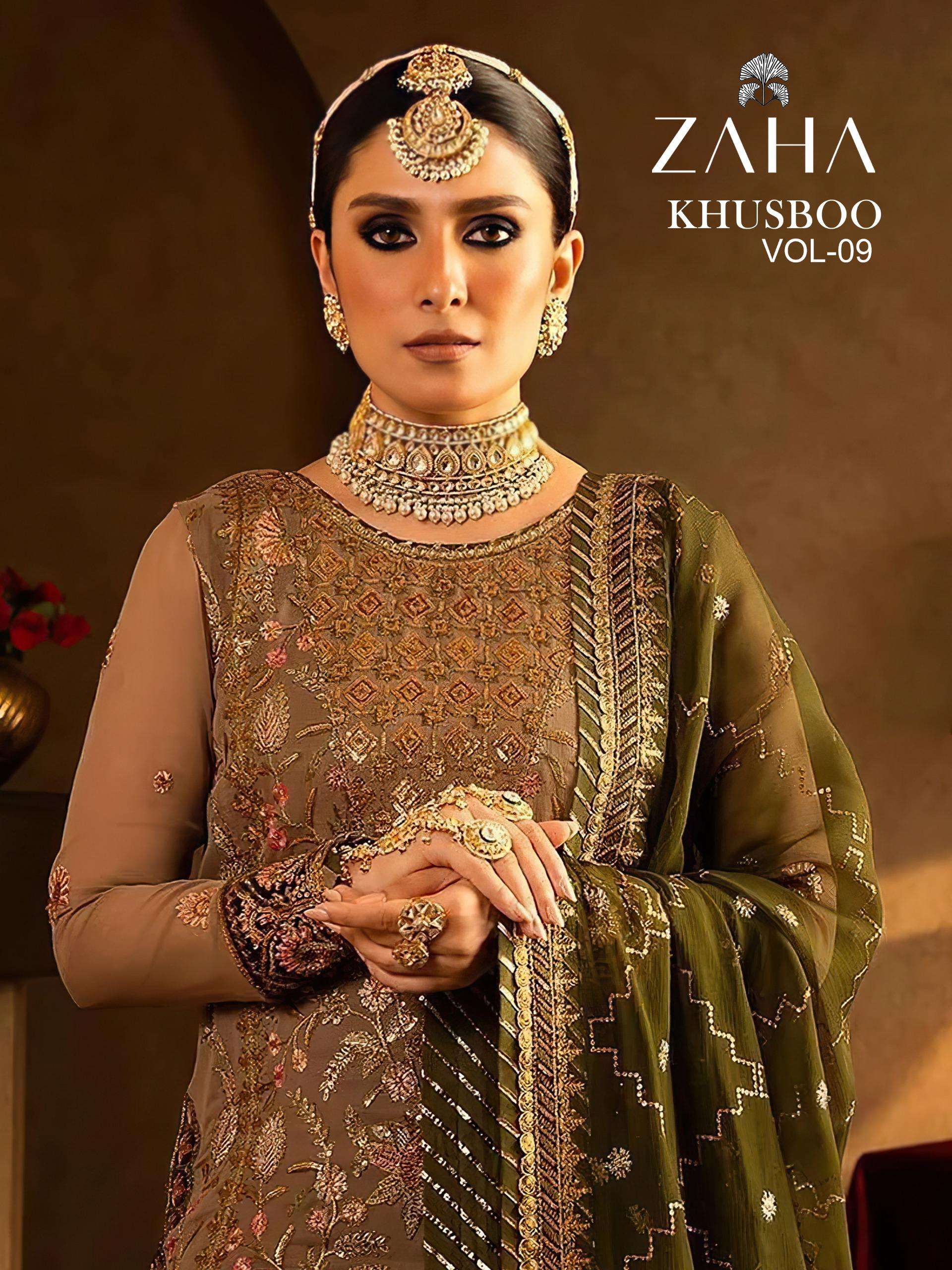 khusboo vol-9 by zaha 10323-10325 series stylish designer party wear suits catalogue wholesale collection surat gujarat