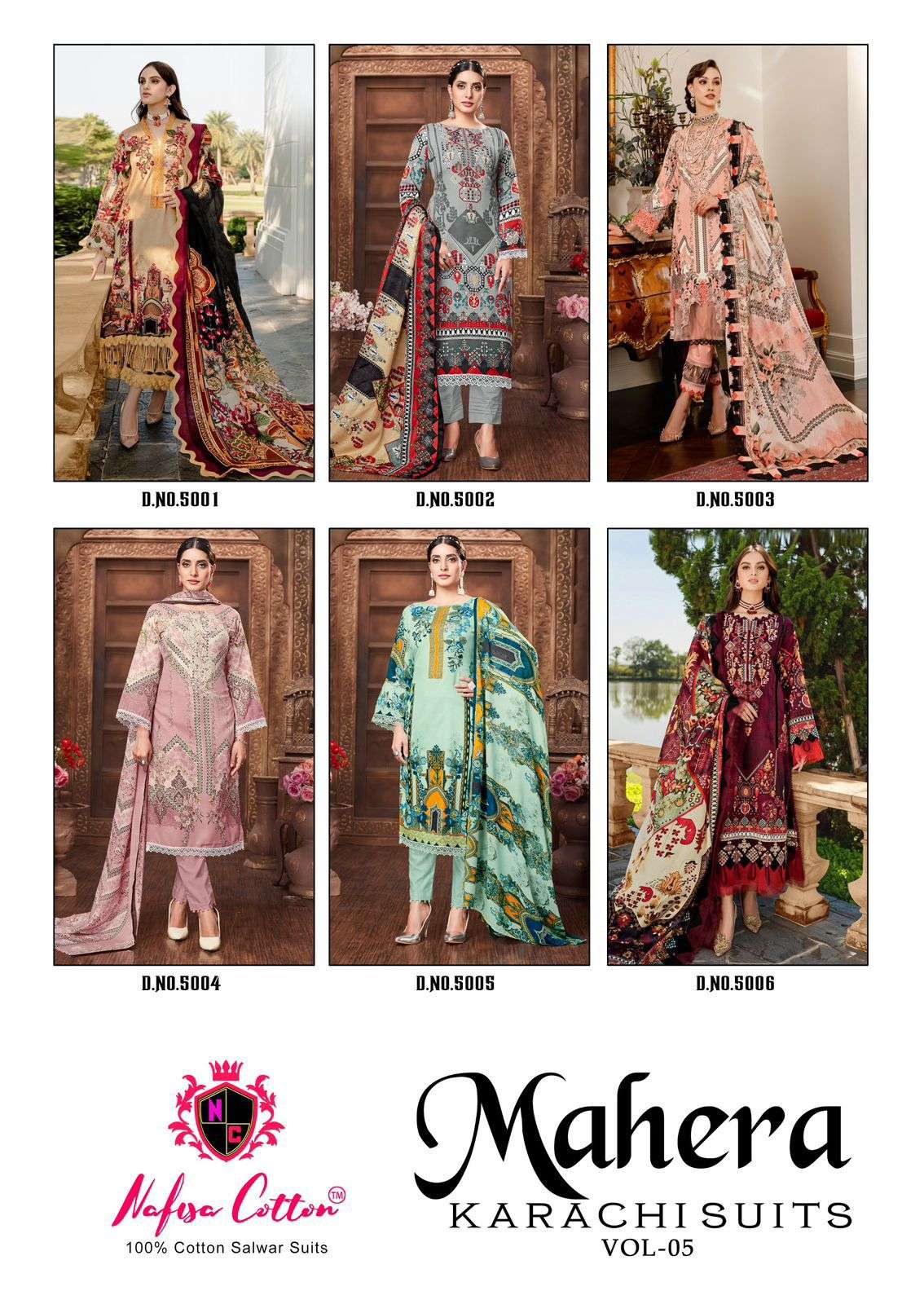 mahera vol-5 by nafisa cotton 5001-5006 series designer pakistani karachi print salwar kameez latest catalogue design 2024