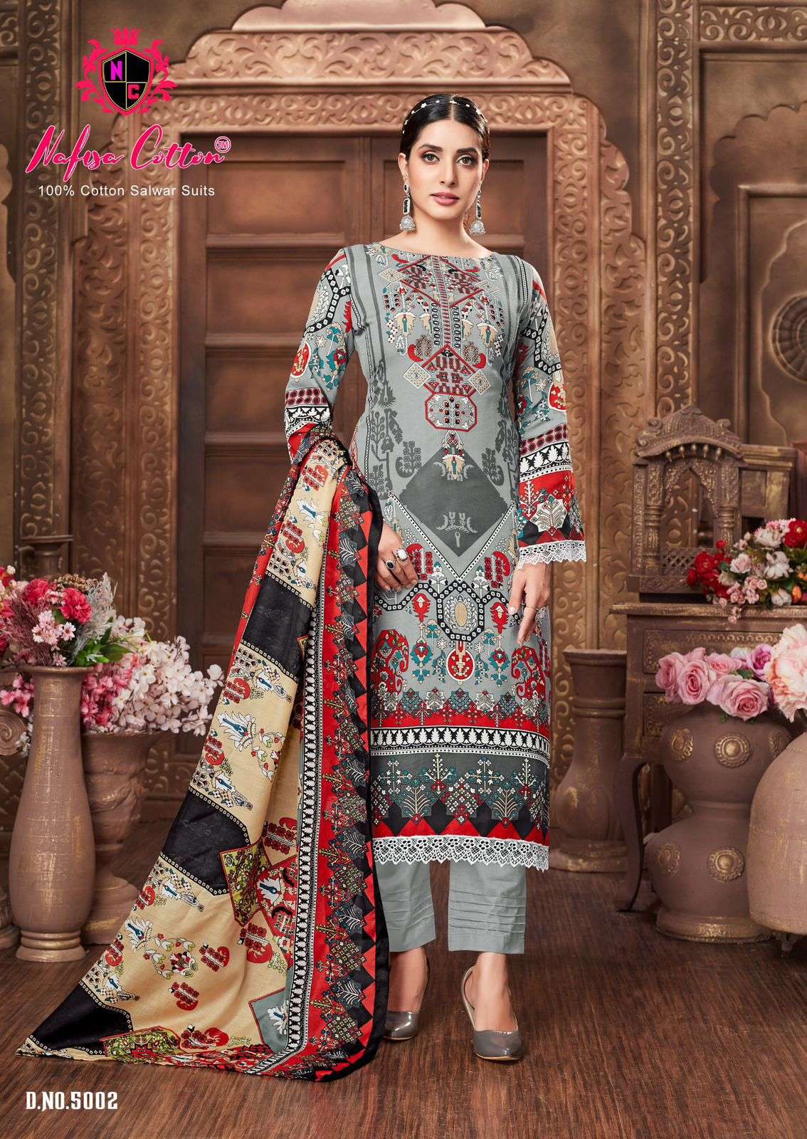 mahera vol-5 by nafisa cotton 5001-5006 series designer pakistani karachi print salwar kameez latest catalogue design 2024