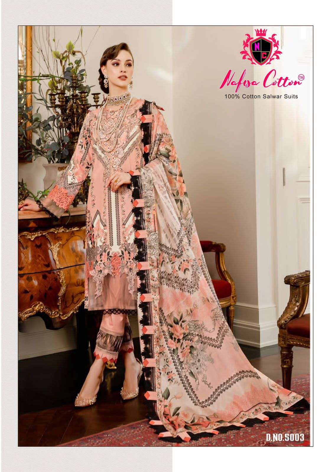 mahera vol-5 by nafisa cotton 5001-5006 series designer pakistani karachi print salwar kameez latest catalogue design 2024