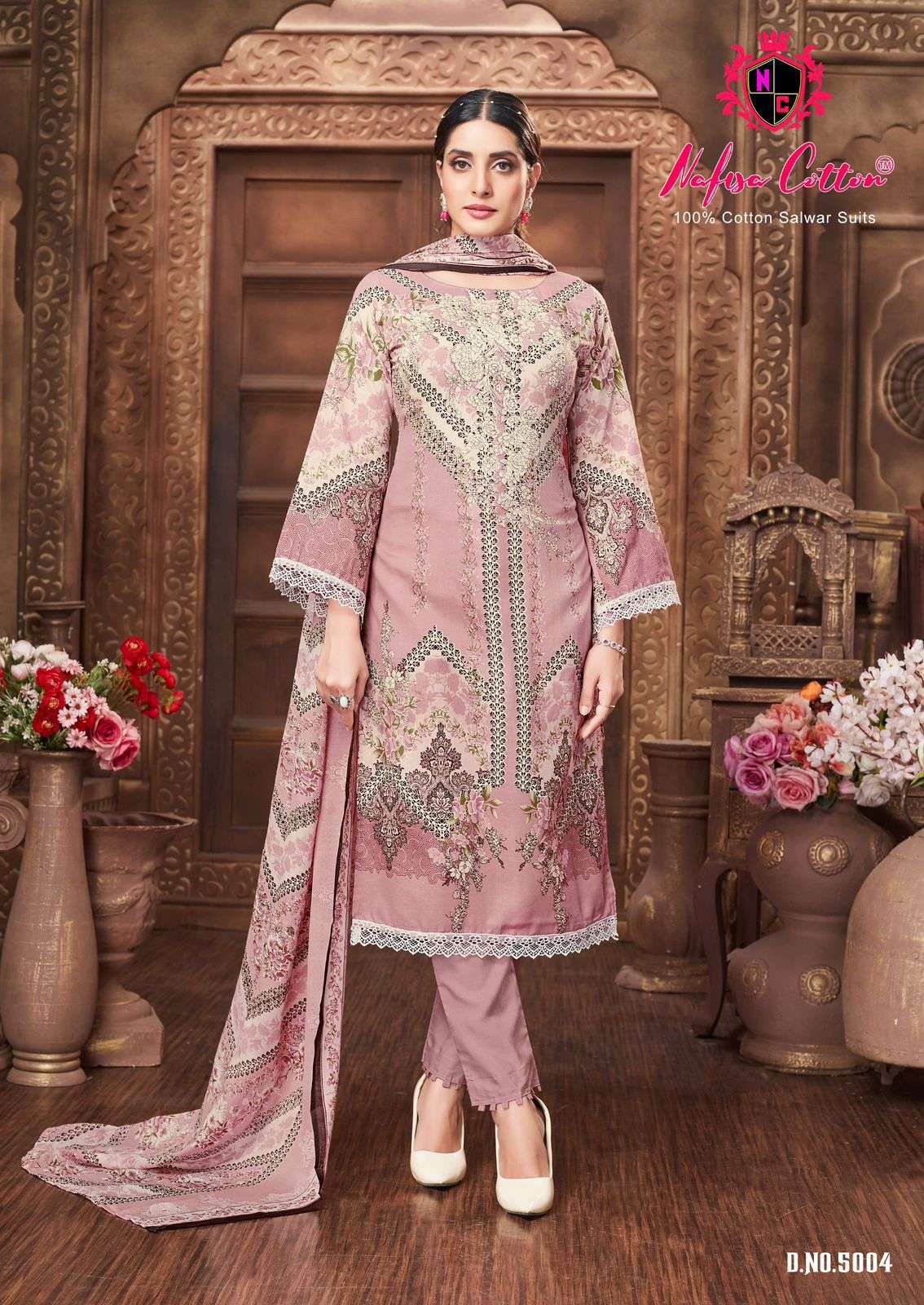mahera vol-5 by nafisa cotton 5001-5006 series designer pakistani karachi print salwar kameez latest catalogue design 2024