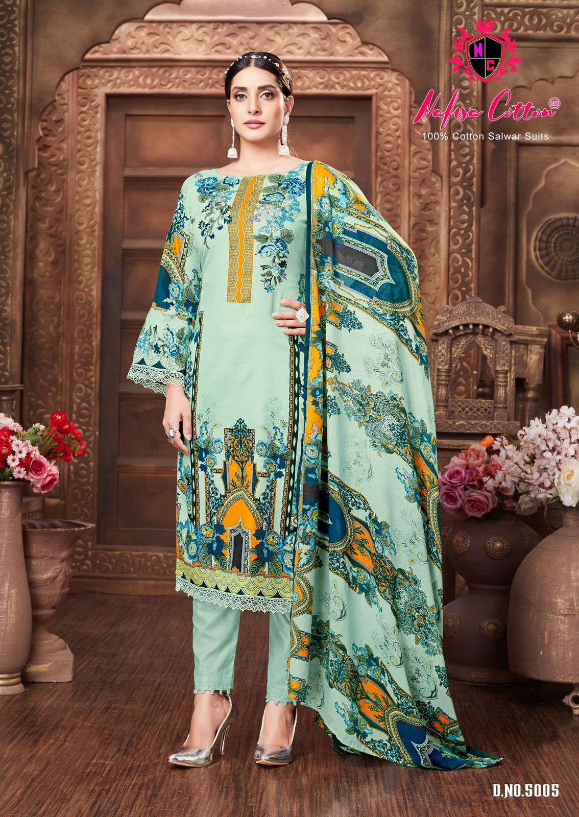mahera vol-5 by nafisa cotton 5001-5006 series designer pakistani karachi print salwar kameez latest catalogue design 2024
