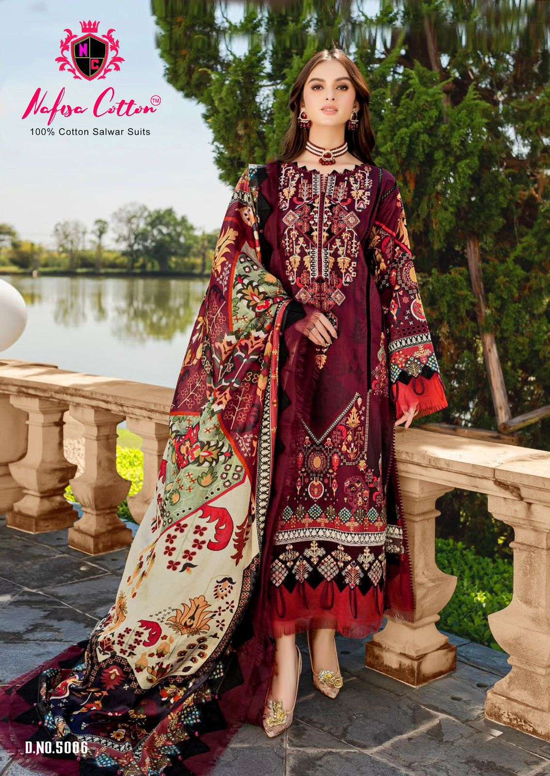 mahera vol-5 by nafisa cotton 5001-5006 series designer pakistani karachi print salwar kameez latest catalogue design 2024