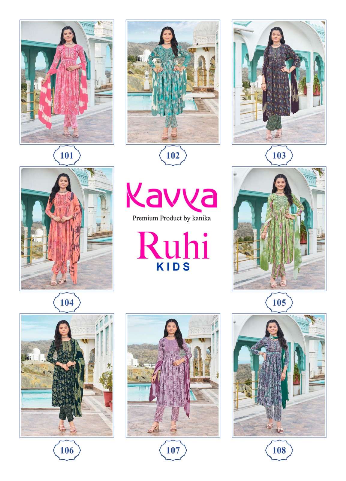 ruhi by kavya 101-108 series capsule foil printed designer kids wear catalogue manufacturer surat gujarat 