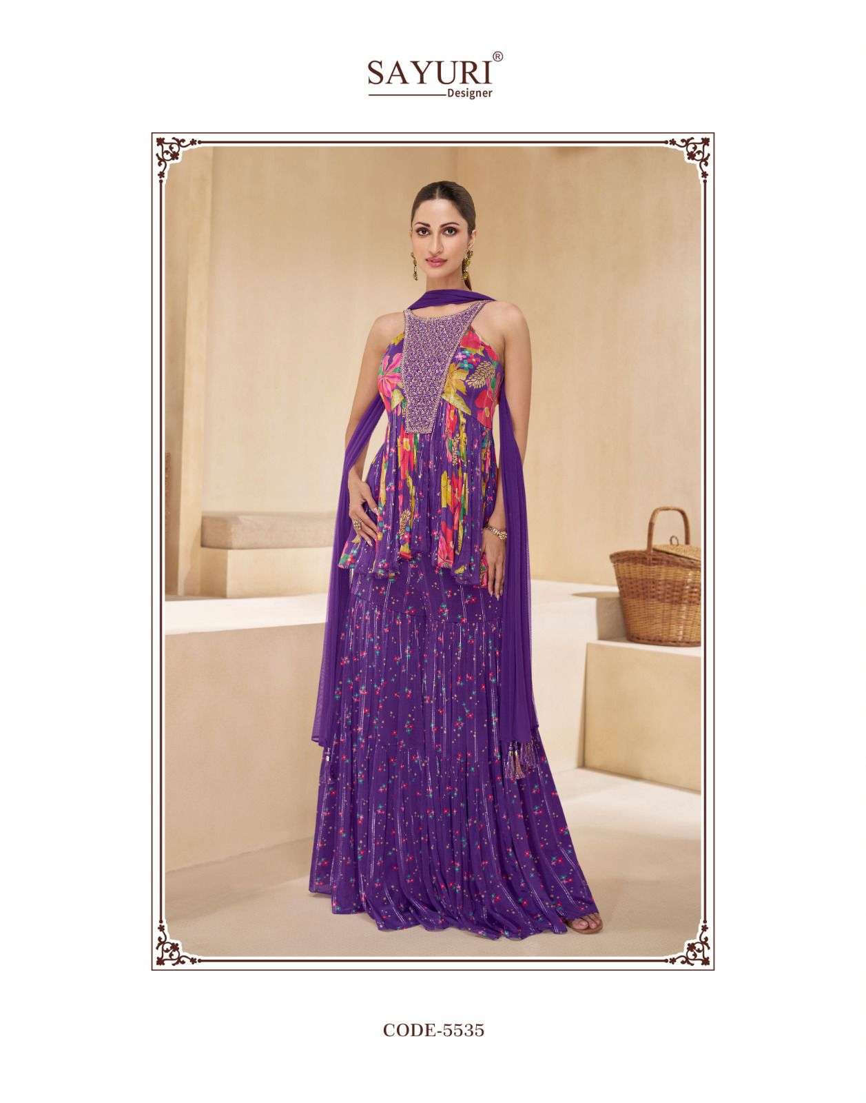 sayuri chakori 5534-5537 series designer pure muslin real chinon silk free size catalogue wholesale dealer 