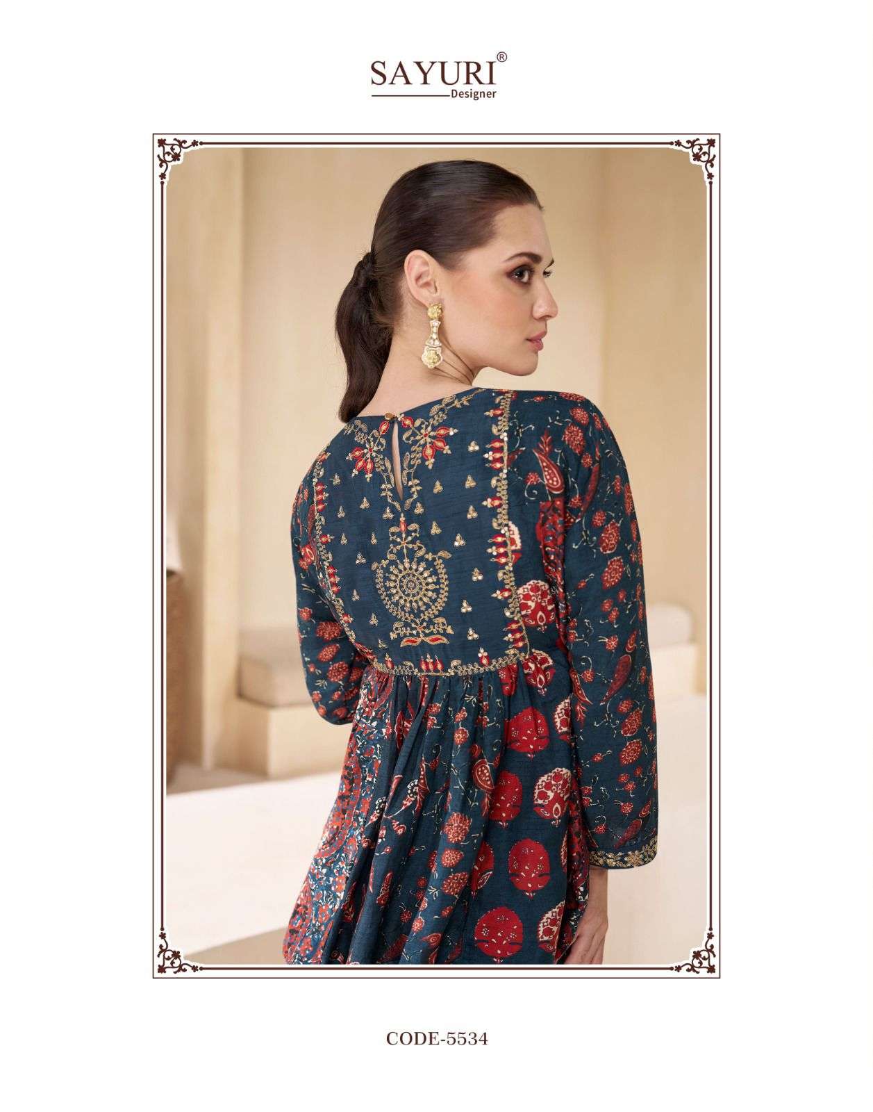 sayuri chakori 5534-5537 series designer pure muslin real chinon silk free size catalogue wholesale dealer 
