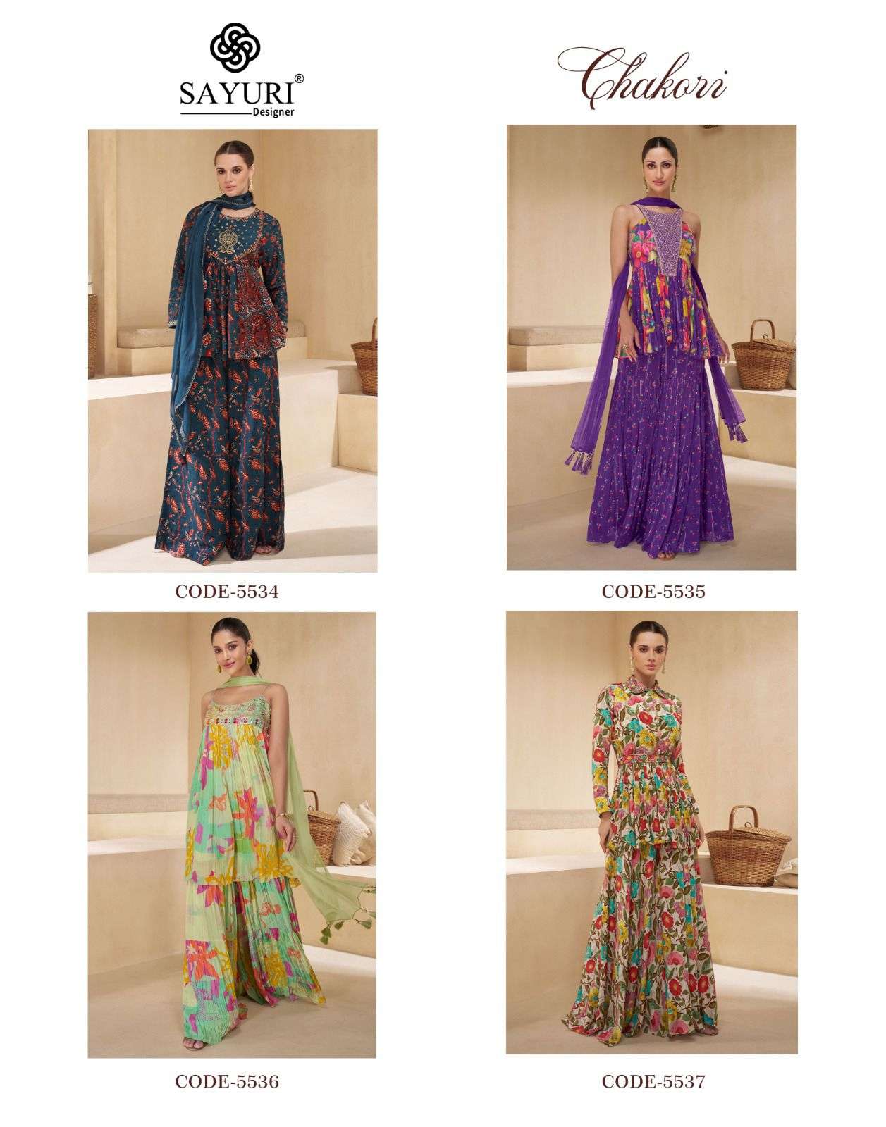 sayuri chakori 5534-5537 series designer pure muslin real chinon silk free size catalogue wholesale dealer 