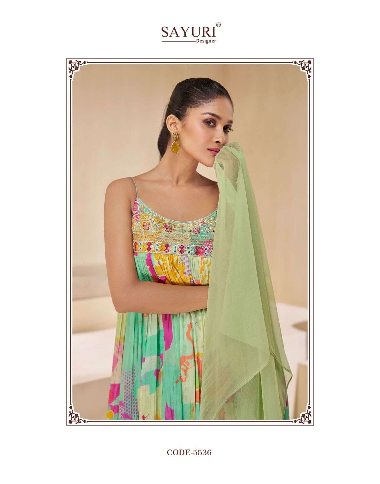 sayuri chakori 5534-5537 series designer pure muslin real chinon silk free size catalogue wholesale dealer 