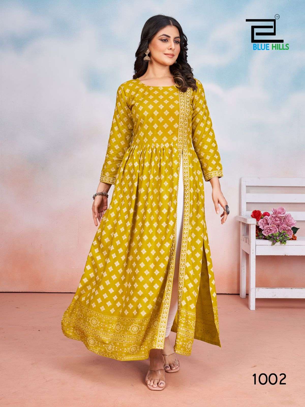tauba tauba by bluehills rayon foil printed designer kurtis catalogue online best surat gujarat 
