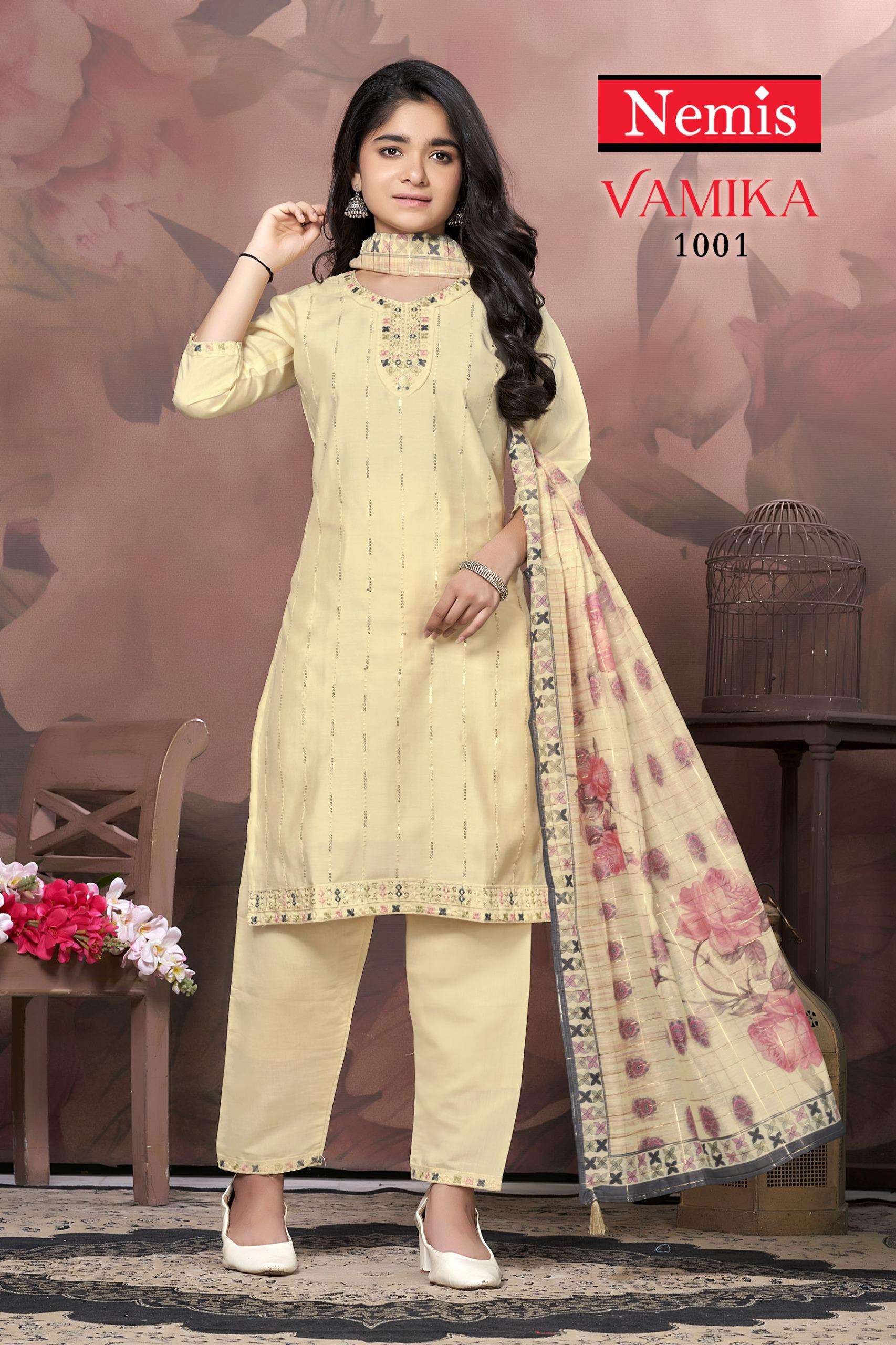 vamika by nemis 1001-1008 series designer readymade embroidered work salwar suits for kids catalogue wholesale rate surat gujarat 