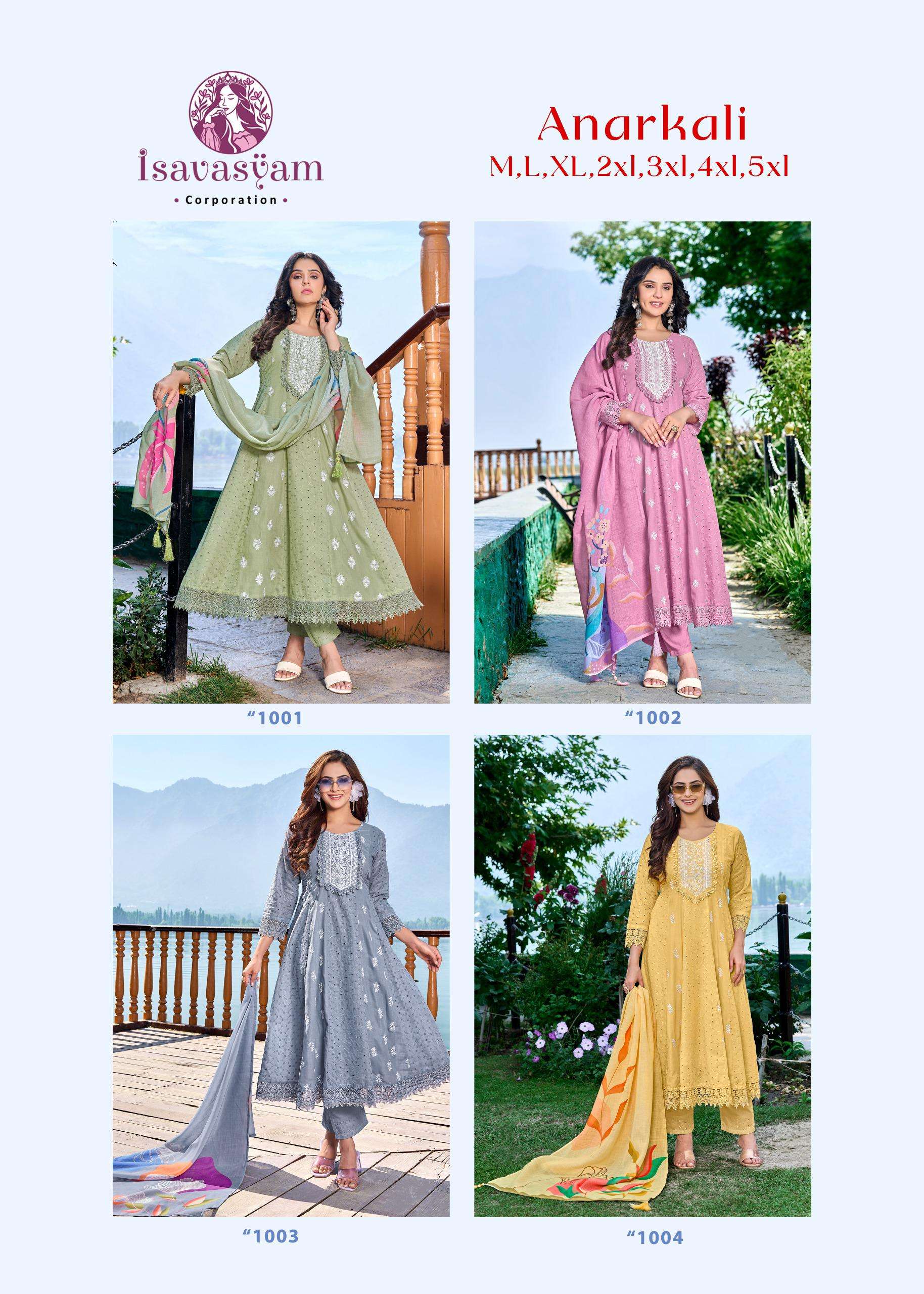 anarkali by isavasyam corporation 1001-1004 series cotton readymade salwar kameez catalogue manufacturer surat gujarat 