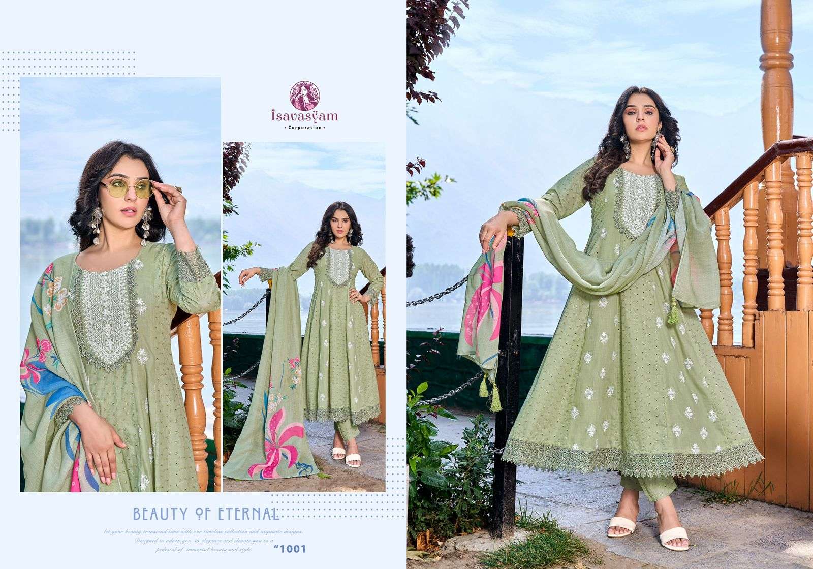 anarkali by isavasyam corporation 1001-1004 series cotton readymade salwar kameez catalogue manufacturer surat gujarat 