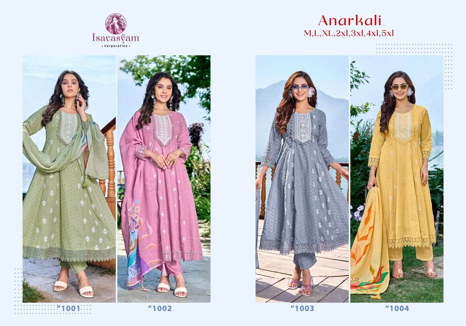 anarkali by isavasyam corporation 1001-1004 series cotton readymade salwar kameez catalogue manufacturer surat gujarat 
