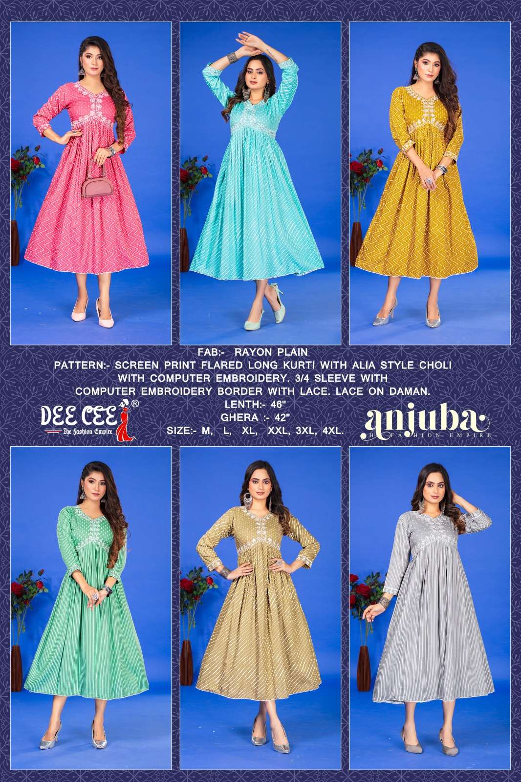 anjuba by deecee 101-106 series georgette plain designer kurtis catalogue wholesale collection surat gujarat 