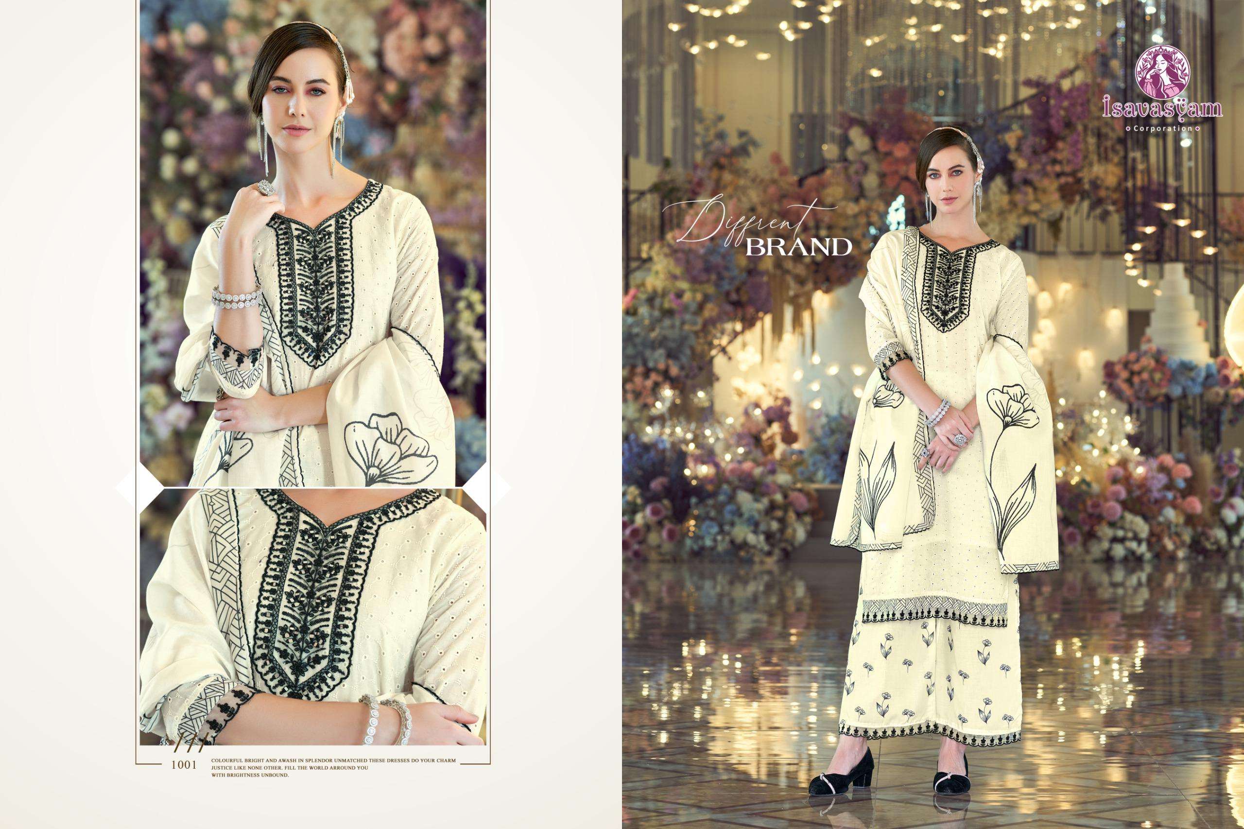 cream kashish by isavasyam corporation 1001-1004 series cotton embroidered suits readymade collection surat gujarat 