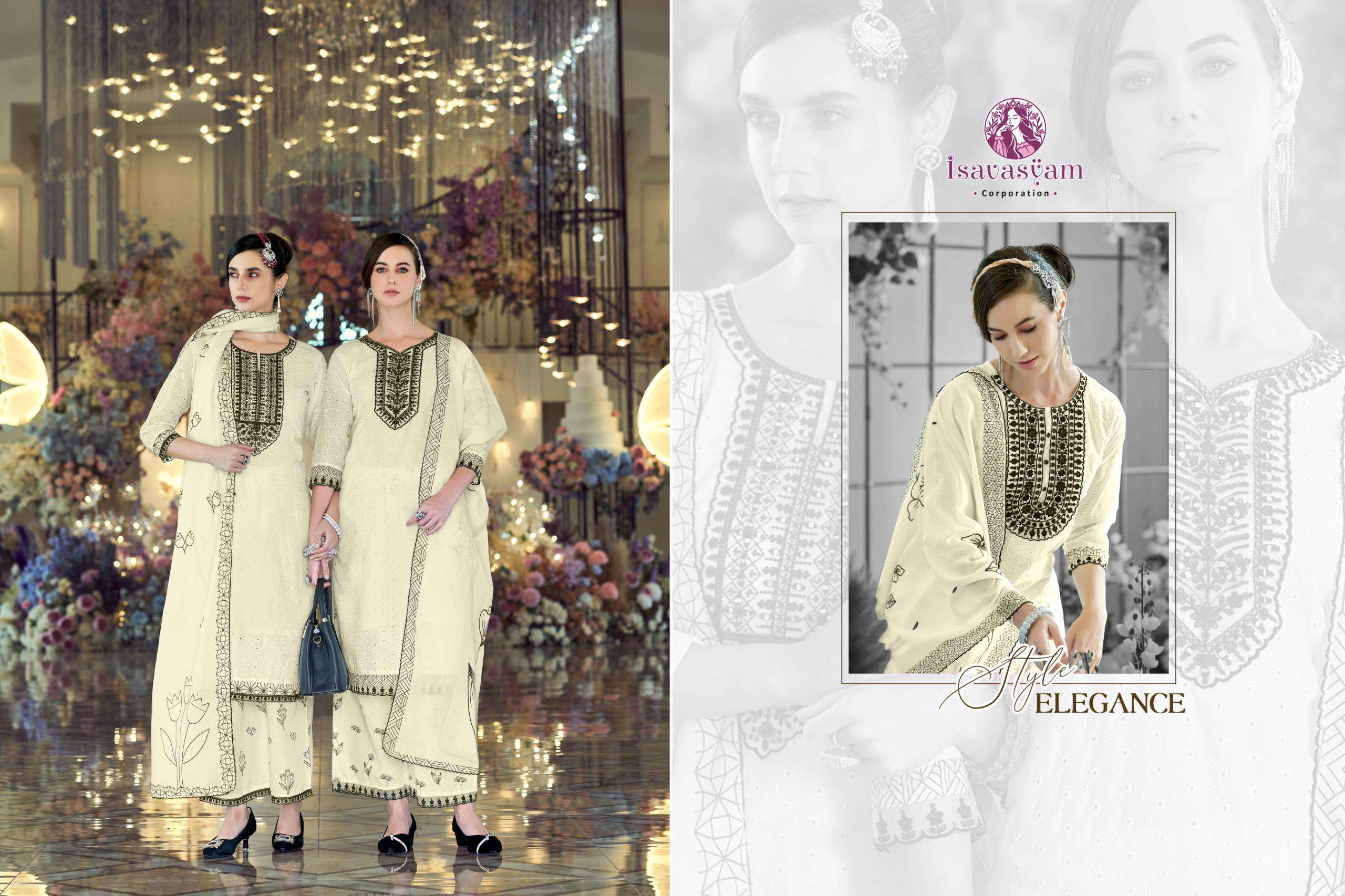 cream kashish by isavasyam corporation 1001-1004 series cotton embroidered suits readymade collection surat gujarat 