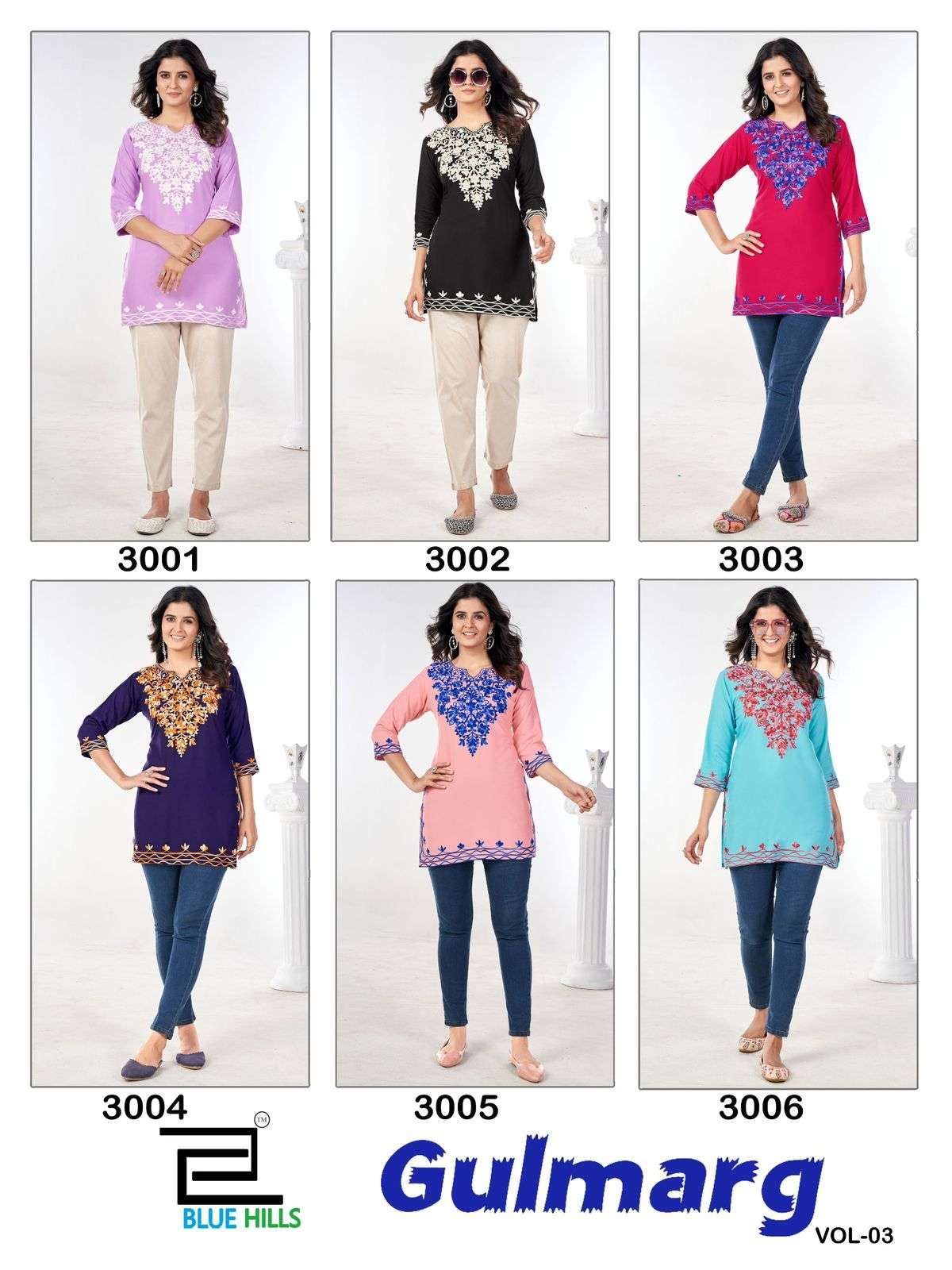 gulmarg vol-3 by bluehills 3001-3006 series side cut designer fancy kurtis catalogue wholesale price surat gujarat 