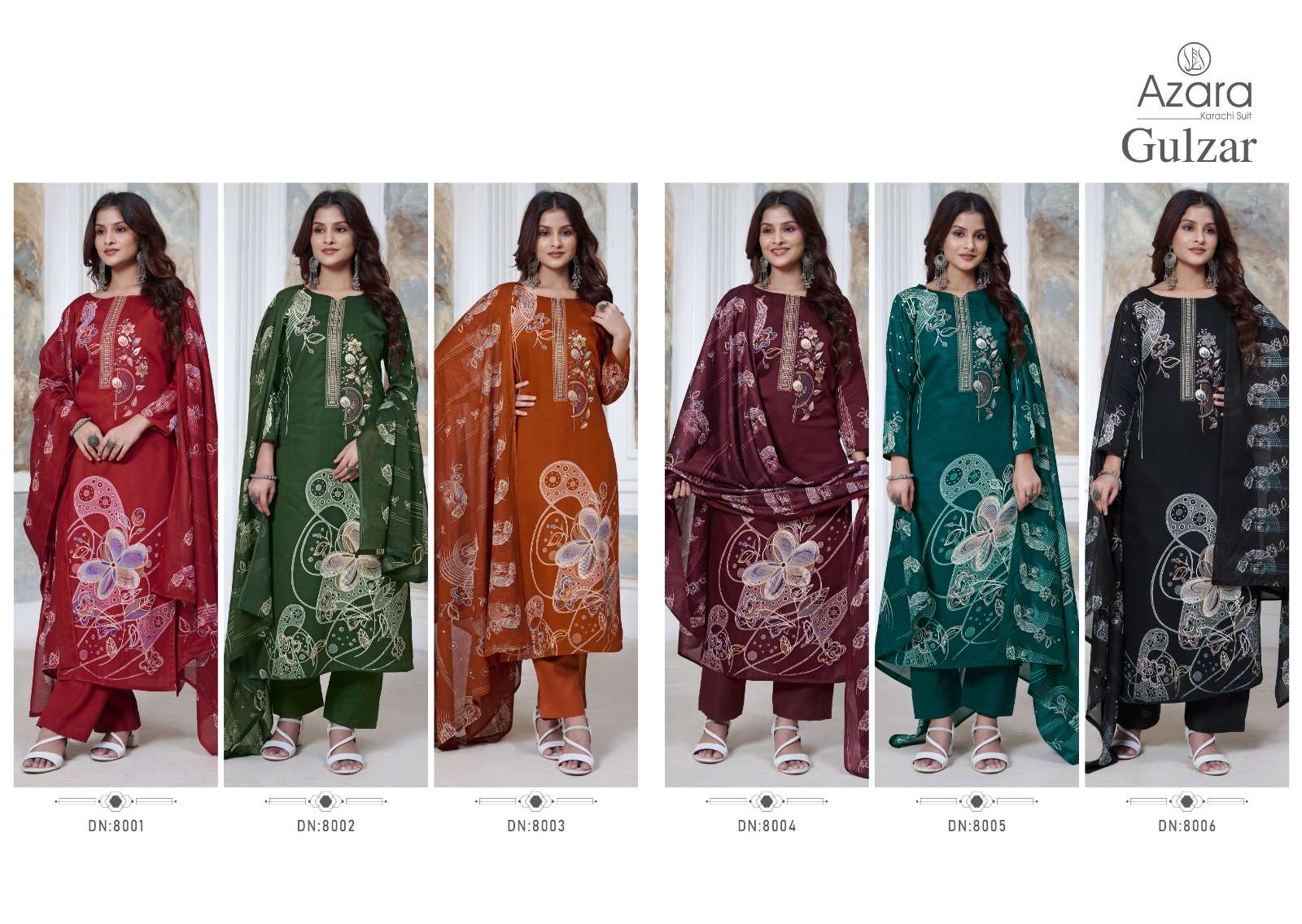 gulzar by radhika fashion 8001-8006 series unstich salwar kameez catalogue online dealer surat gujarat 
