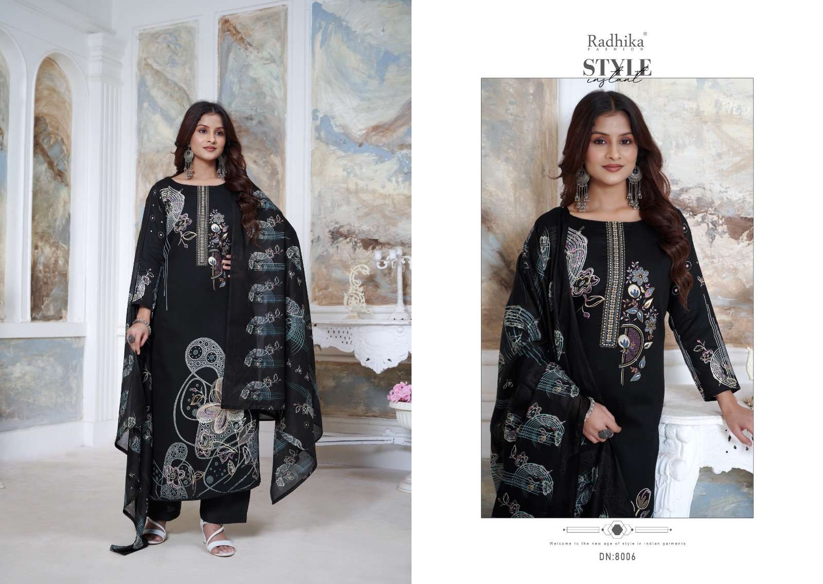 gulzar by radhika fashion 8001-8006 series unstich salwar kameez catalogue online dealer surat gujarat 