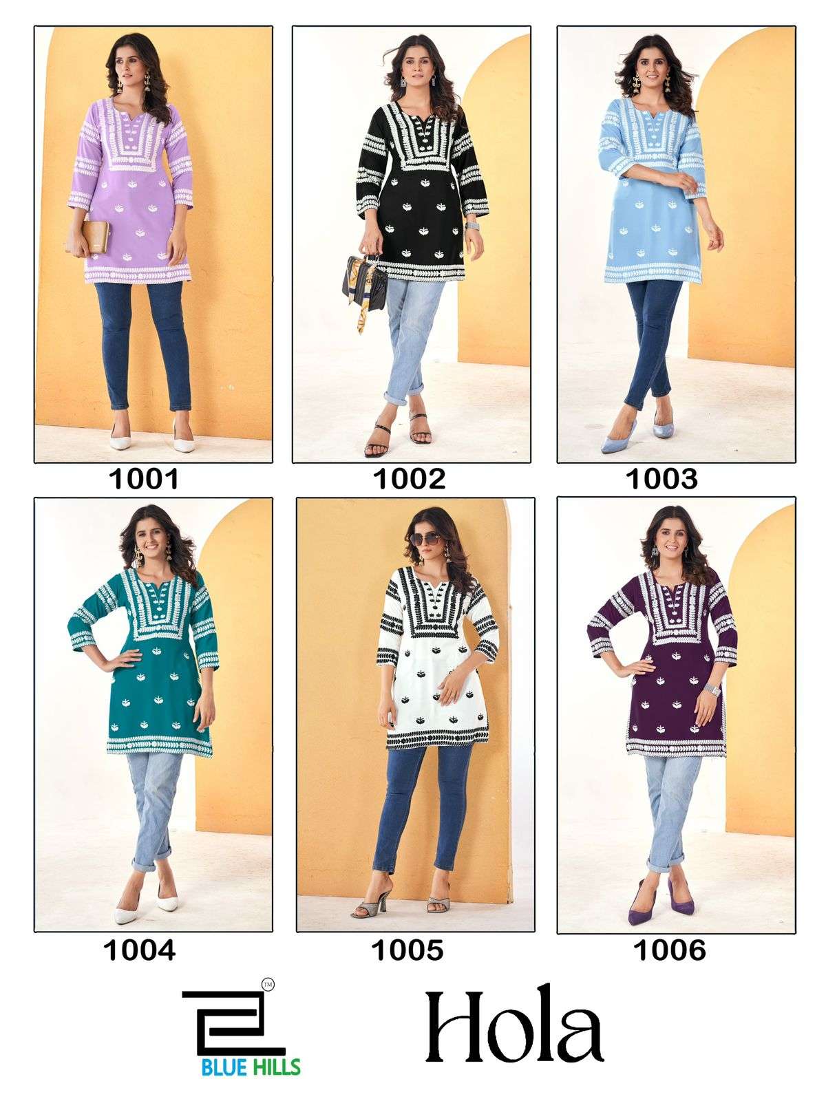 hola by bluehills 1001-1006 series side cut designer rayon kurtis catalogue online collection surat gujarat 