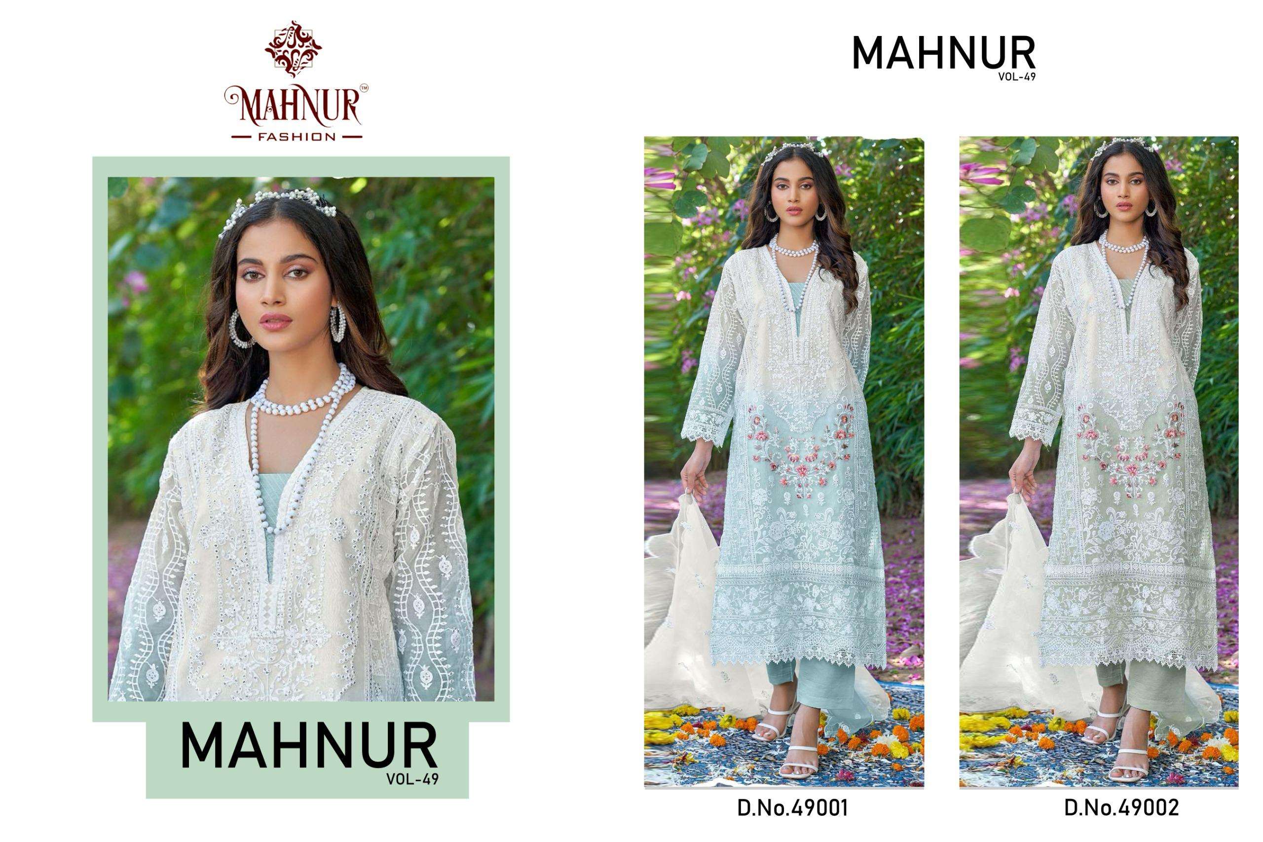 mahnur vol-49 by mahnur fashion 49001&49002 design heavy organza designer salwar suits catalogue surat gujarat 