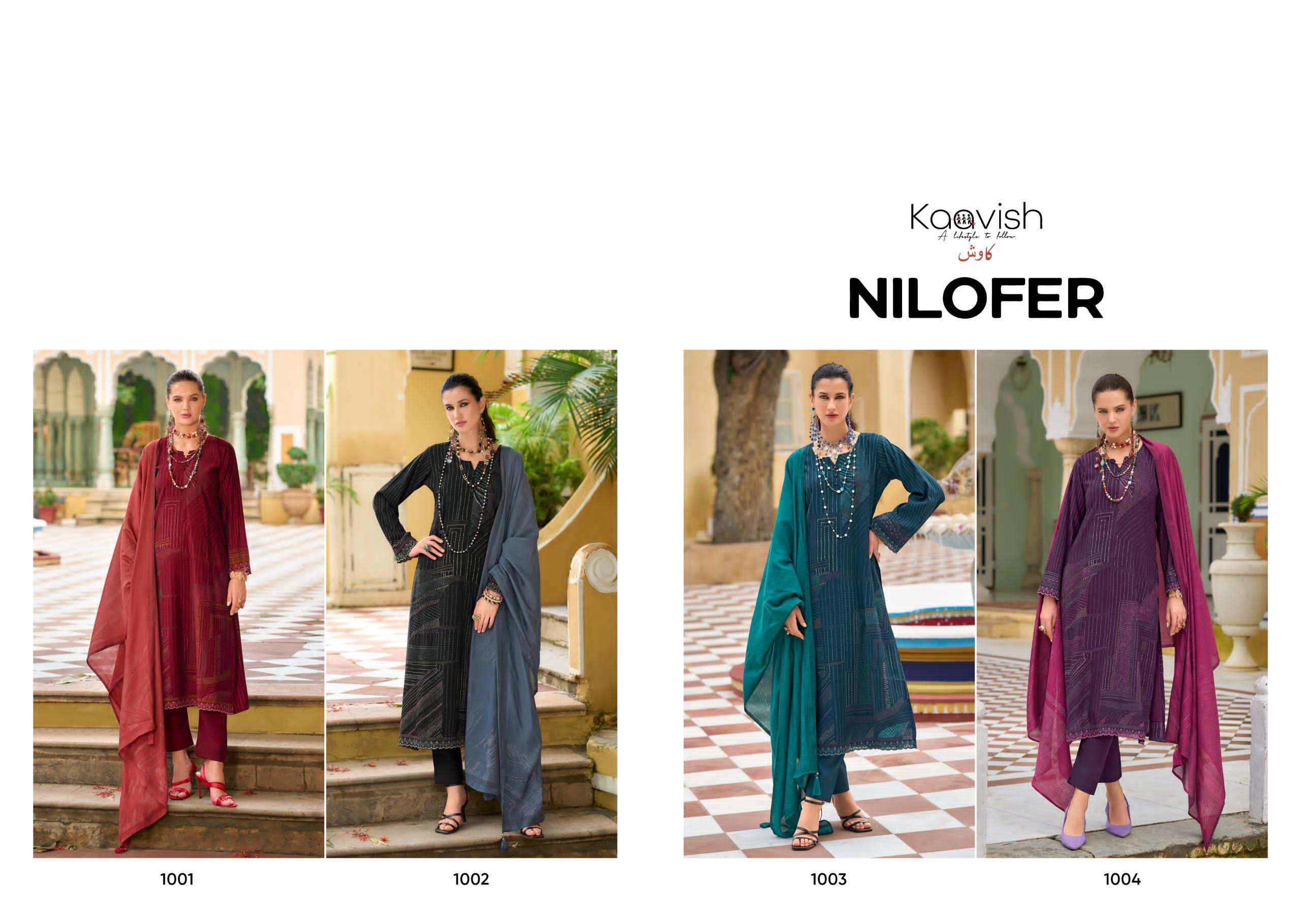 nilofer by kaavish fashion 1001-1004 series pure viscose muslin salwar kameez catalogue dealer surat gujarat 