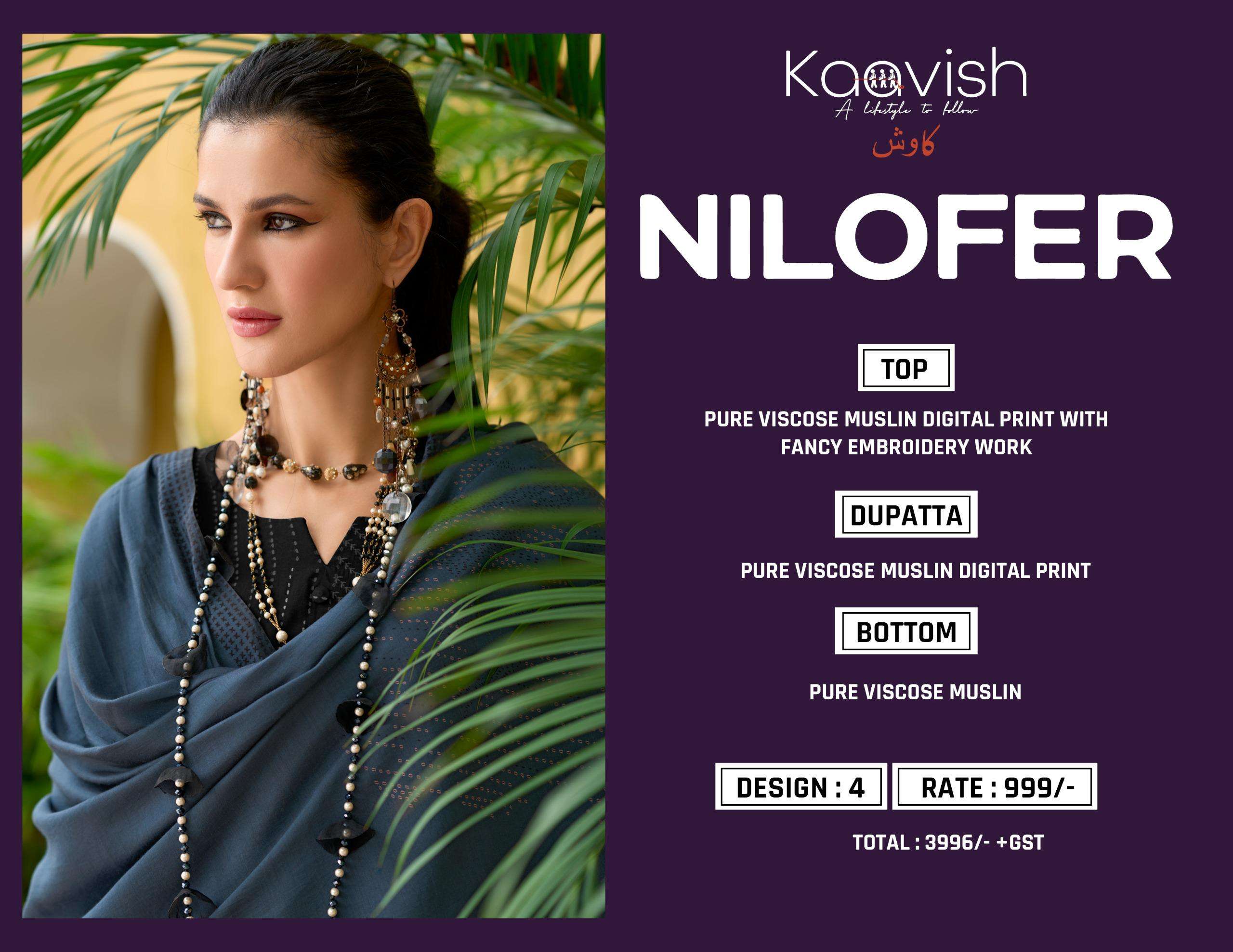 nilofer by kaavish fashion 1001-1004 series pure viscose muslin salwar kameez catalogue dealer surat gujarat 
