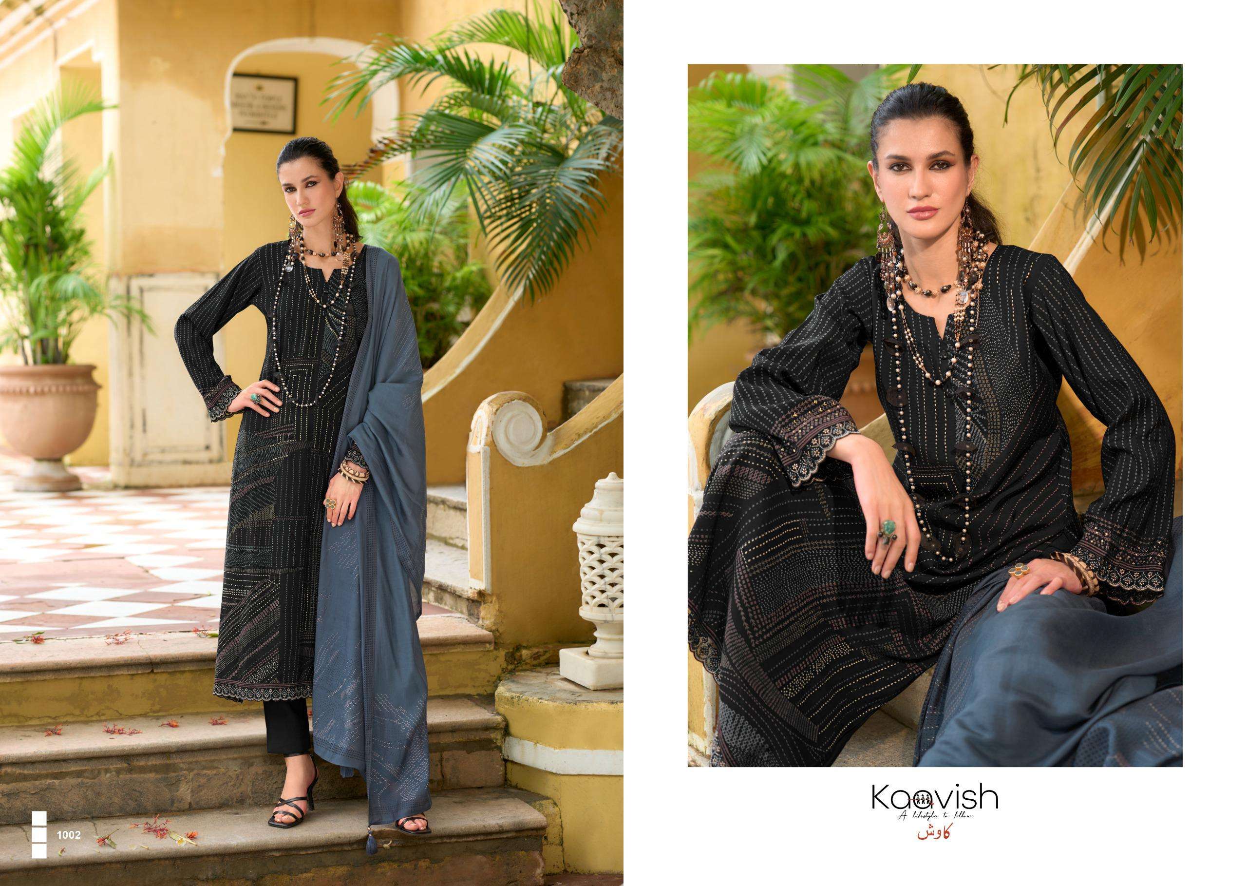 nilofer by kaavish fashion 1001-1004 series pure viscose muslin salwar kameez catalogue dealer surat gujarat 