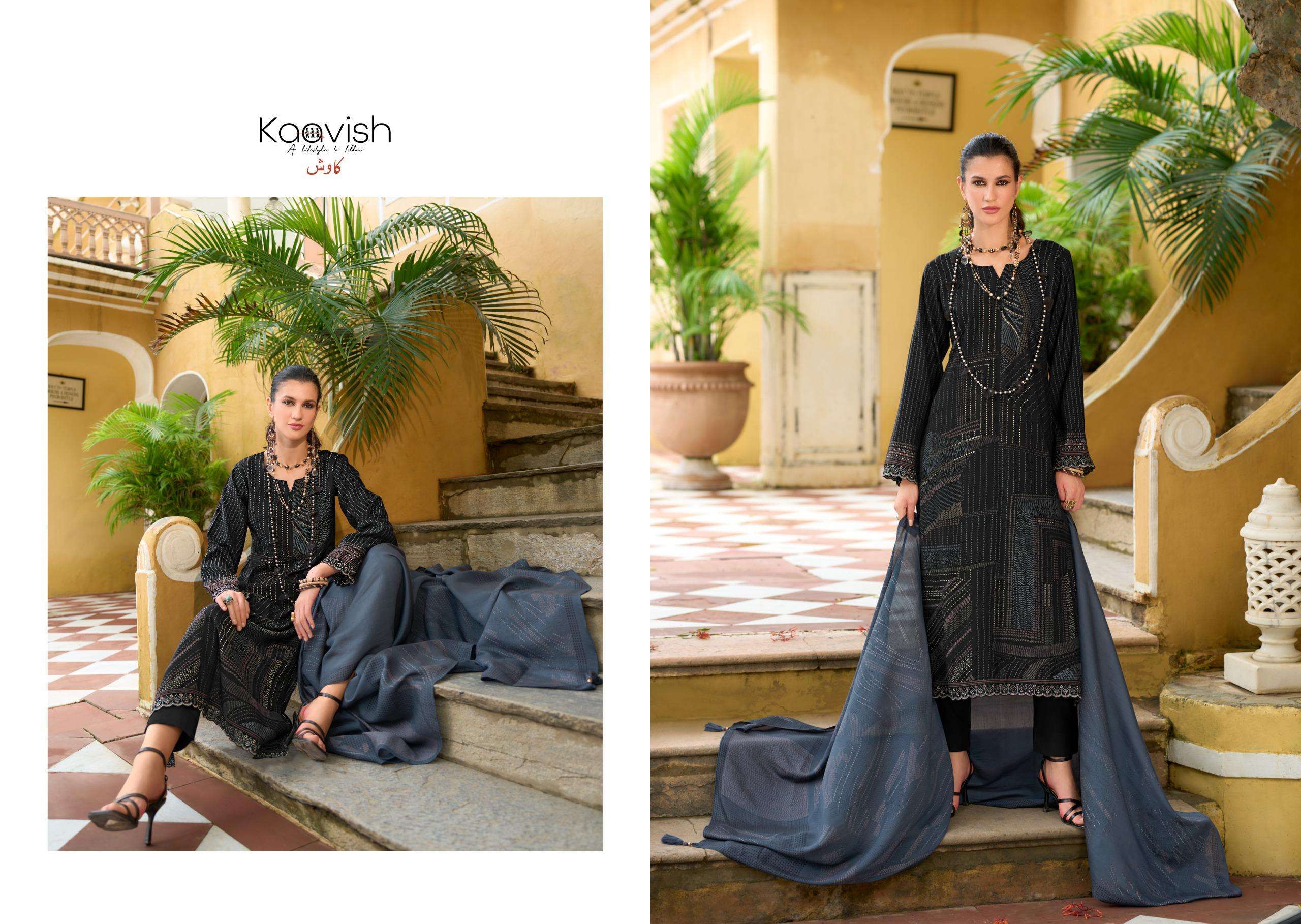 nilofer by kaavish fashion 1001-1004 series pure viscose muslin salwar kameez catalogue dealer surat gujarat 