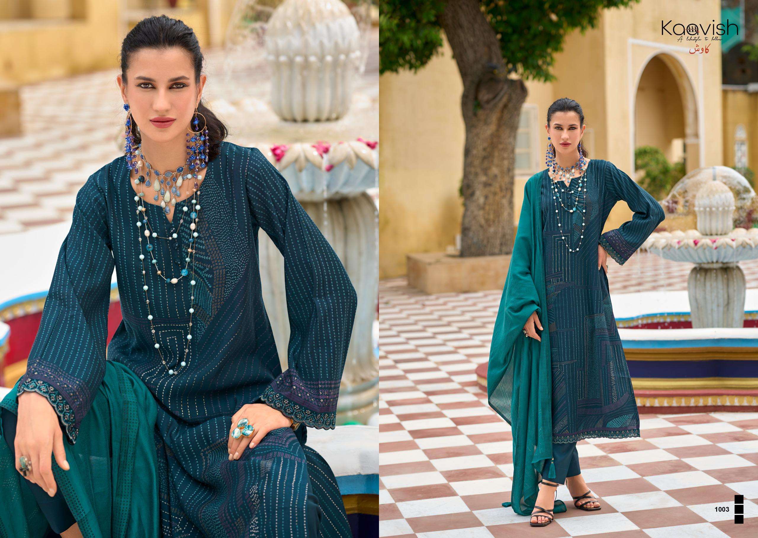 nilofer by kaavish fashion 1001-1004 series pure viscose muslin salwar kameez catalogue dealer surat gujarat 