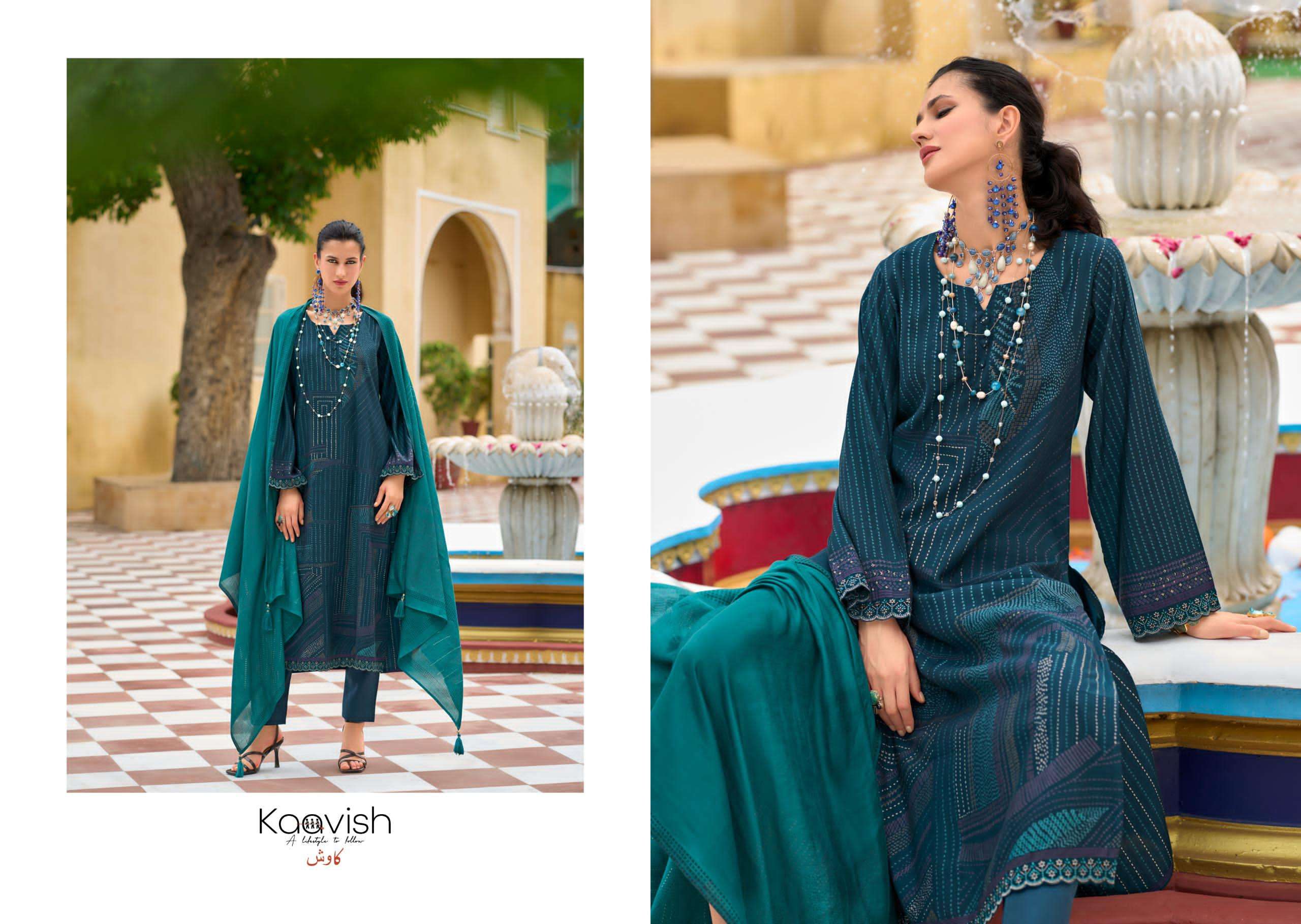 nilofer by kaavish fashion 1001-1004 series pure viscose muslin salwar kameez catalogue dealer surat gujarat 